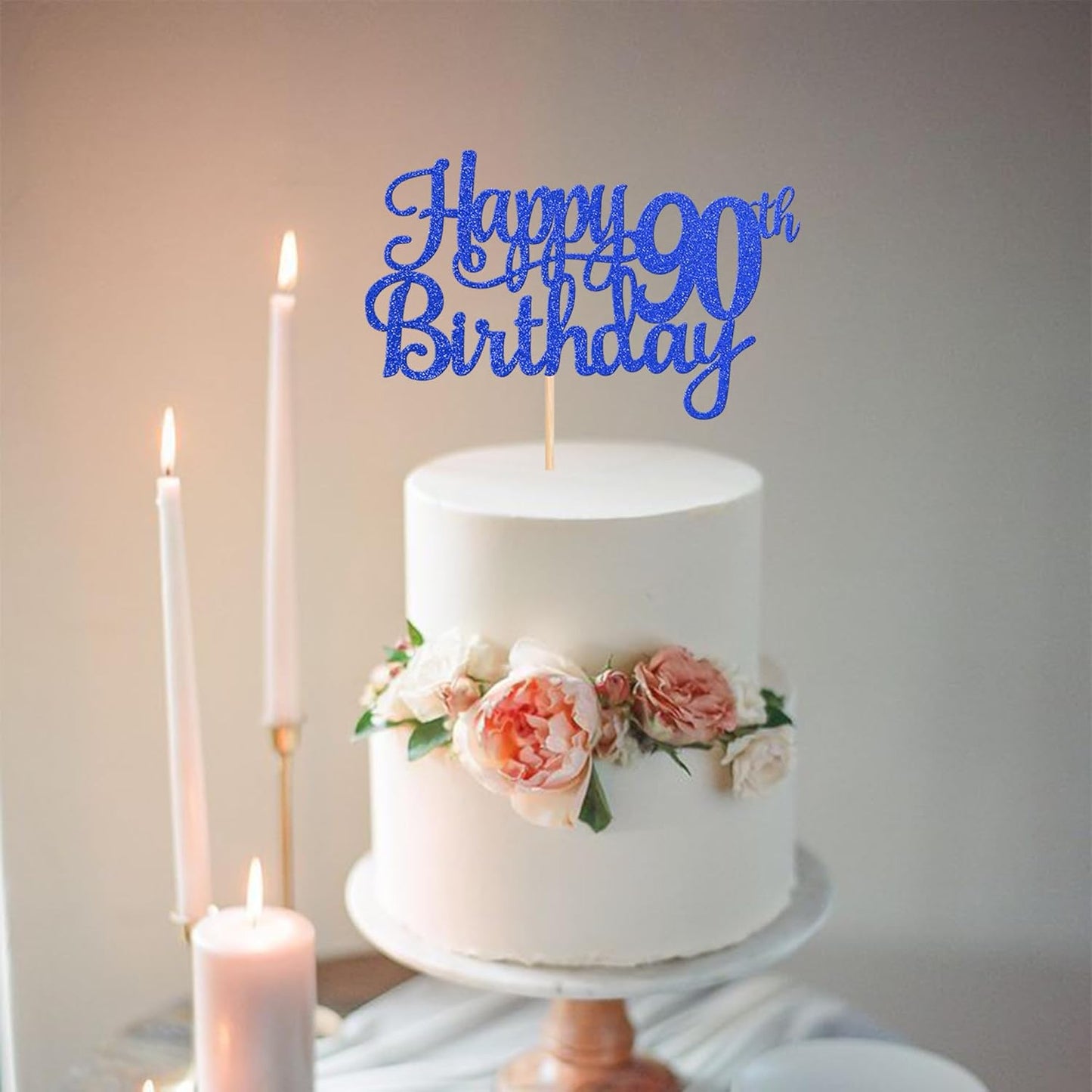 1 PCS Happy 90th Birthday Cake Topper Glitter Cheers to 90 Years Birthday Cake Pick Ninety 90 Fabulous Cake Decoration for Happy 90th Birthday Theme Party Decorations Supplies Blue