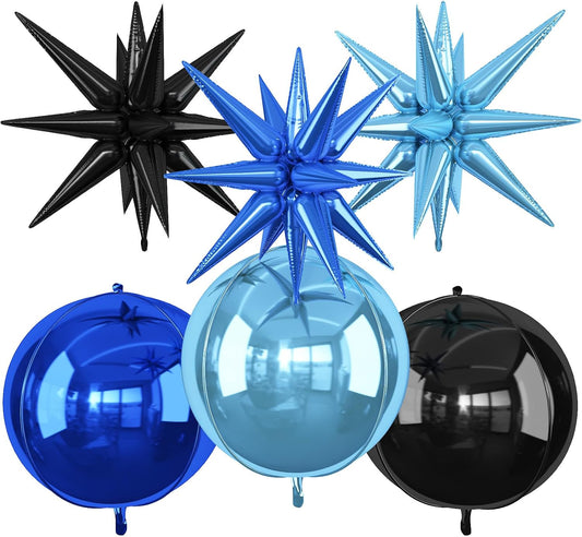 6Pcs Black Blue Foil Balloons,22Inch Navy Blue Black 4D Round Ball Balloon and Explosion Star Balloon for Birthday Wedding Baby Shower Anniversary Party Decorations