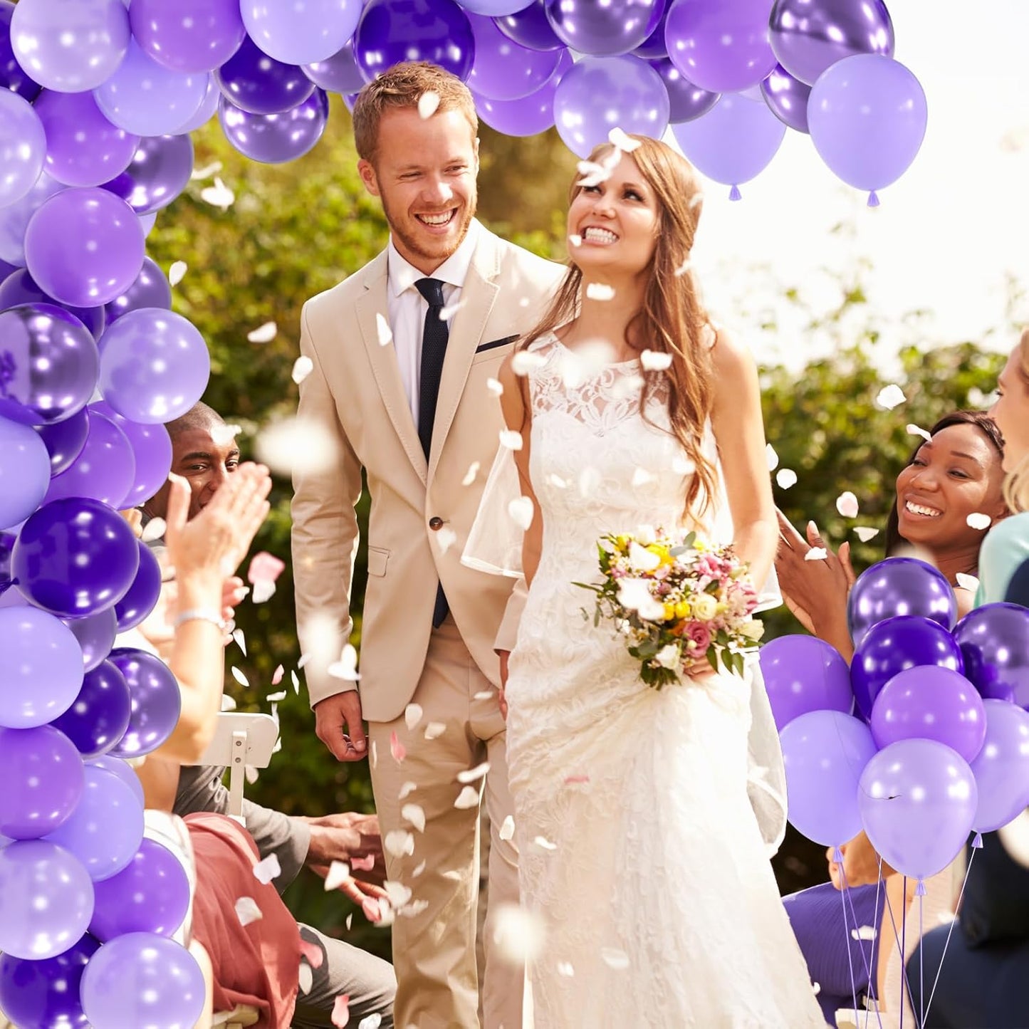 100pcs Purple Balloons - 12inch Metallic Chrome & Lavender Lilac Balloons with Confetti for Wedding, Baby Shower, Bridal Shower, Princess Birthday Parties (with 66ft Ribbons)