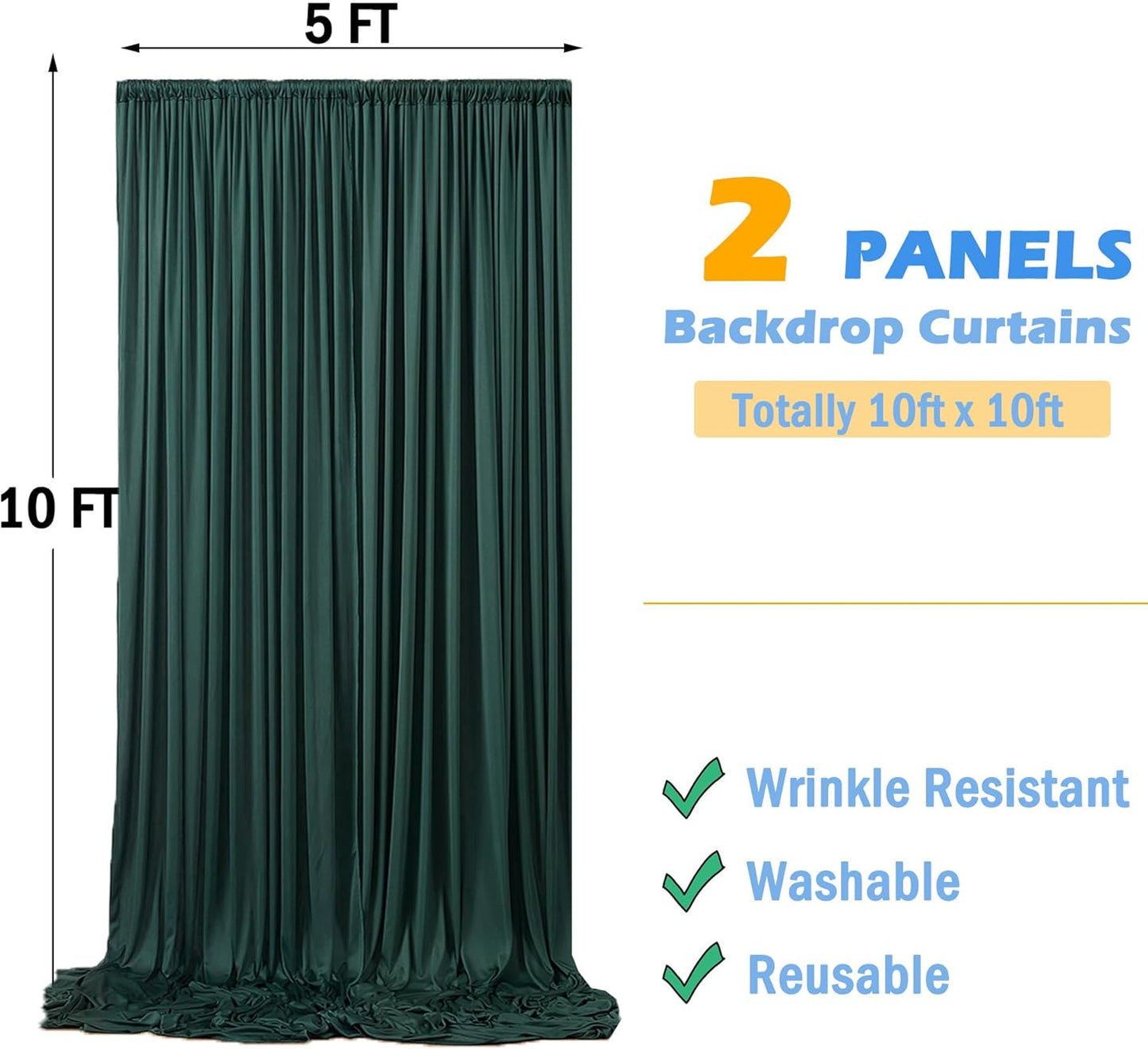 10ftx10ft Wrinkle Free Hunter Green Backdrop Curtains for Party Background, 2 Panels Silky Polyester Green Photo Backdrop Drapes Back Drop Cloth for Wedding Birthday Photography Baby Shower Decor