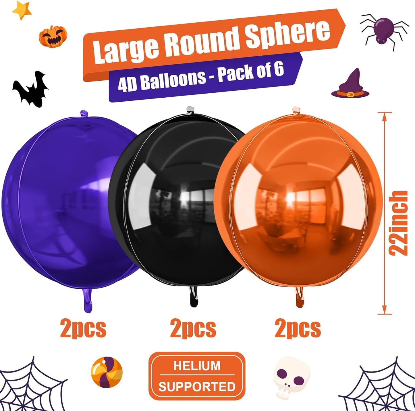 Black Orange Purple Halloween Foil Balloons, 6Pcs 4D Large Metallic Helium Balloon, 22Inch Big Round Foil Balloon for Kids Halloween Birthday Graduation Wedding Baby Shower Disco Backdrop Supplies