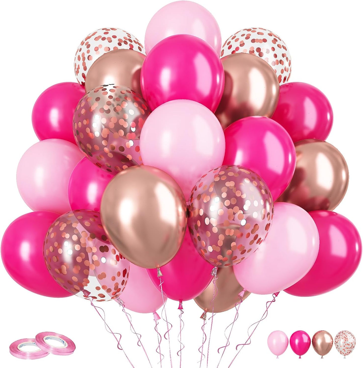Hot Pink and Rose Gold Balloons, 60Pcs Pastel Pink Balloon, 12 Inch Metallic Rose Gold Confetti Balloons Helium Rose Red Latex Balloon for Girls Birthday Baby Shower Wedding Bridal Party Decorations
