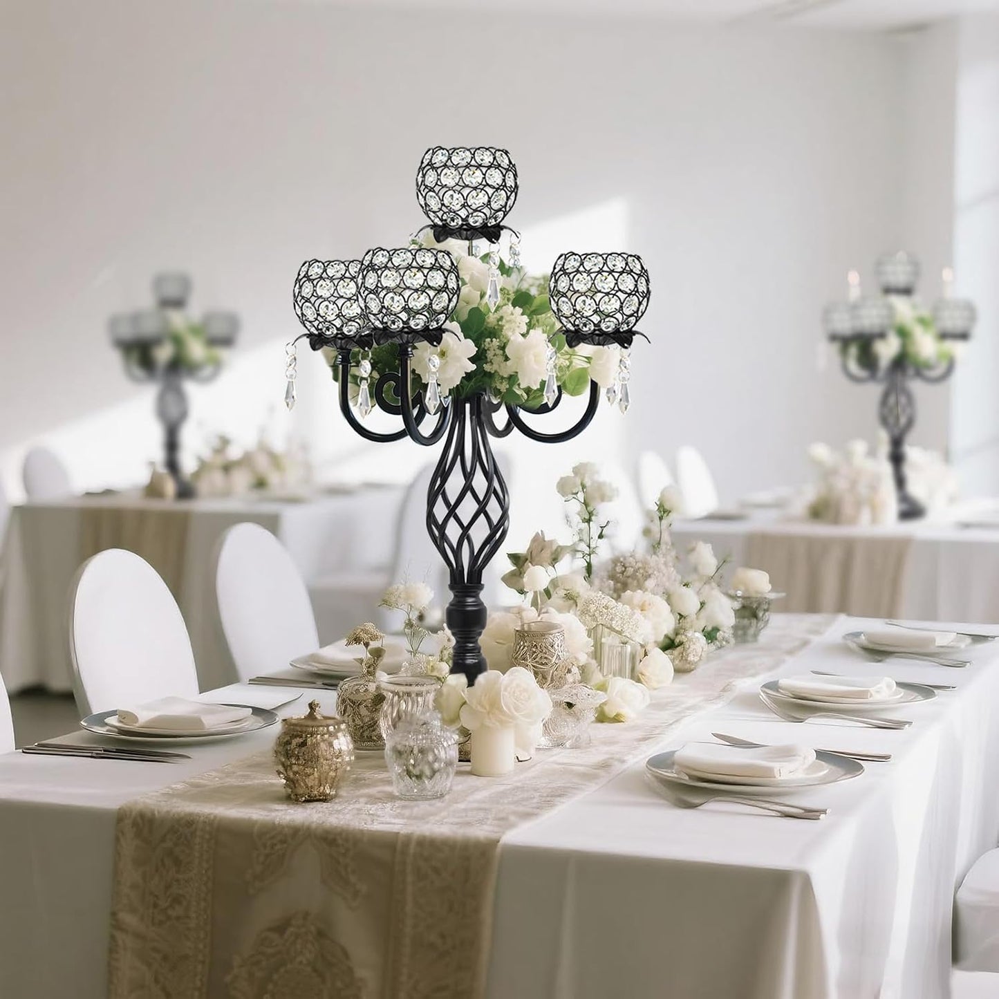 5-Arm Crystal Candelabra Centerpiece 23.2" Tall - Elegant Candle Holder Stand with Crystal Bowl, Chic Table Decor for Weddings, Parties, Anniversary & Home Decoration (4, Black)