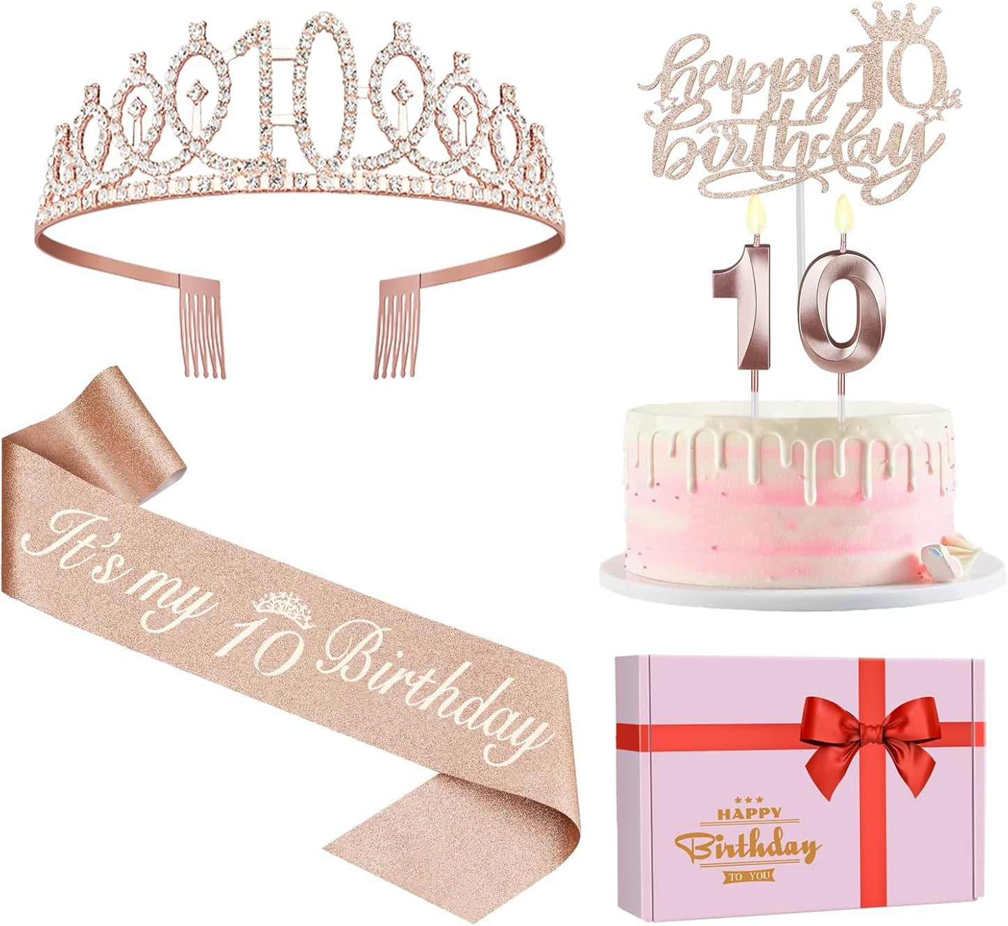 10th Birthday Decorations for Girls, Including Sash, Crown/Tiara, Candles, Cake Topper. 10th Birthday Gifts for Girls, Rose Gold Party Decor Supplies