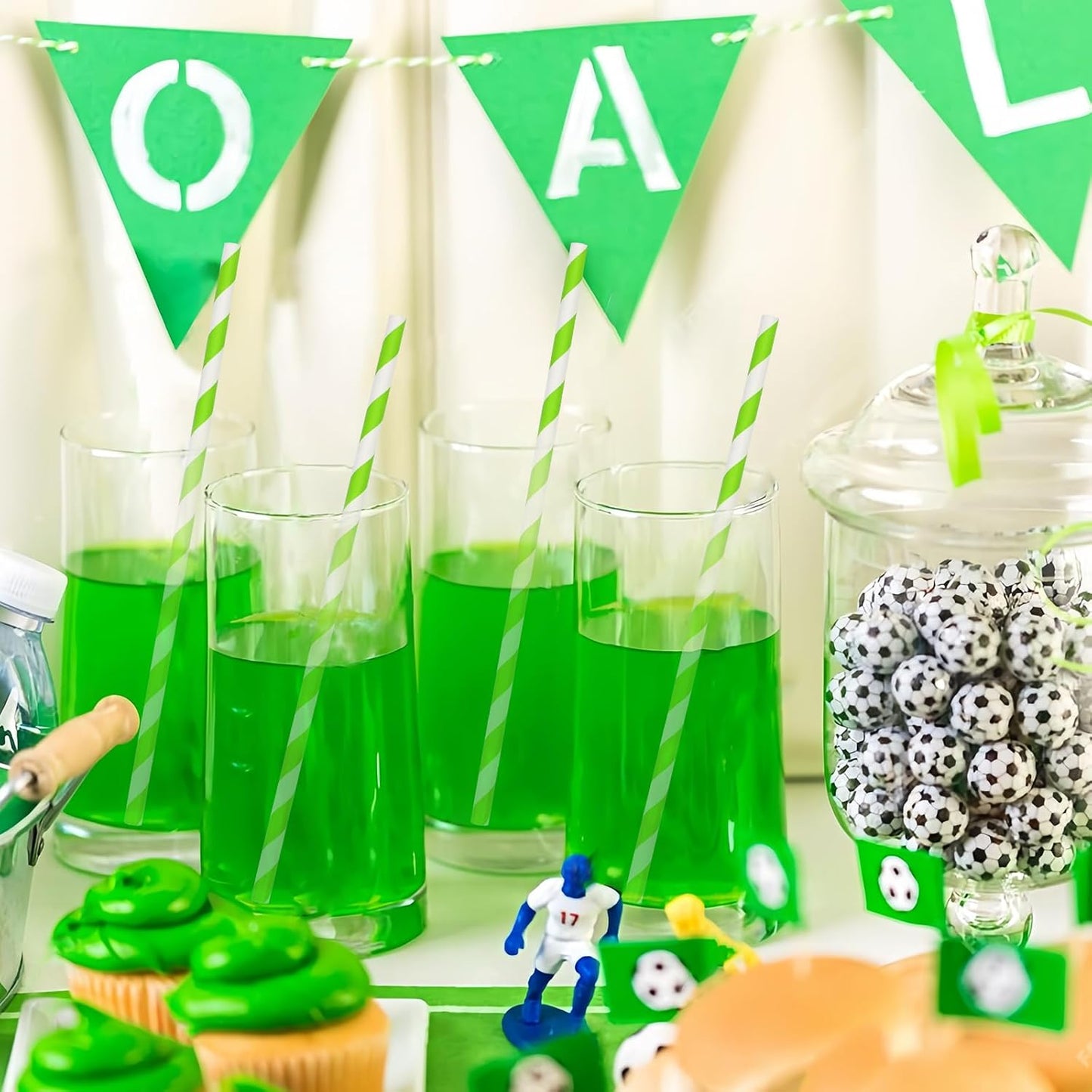 7.75'' x 0.24'' Disposable Party & Daily Paper Drinking Straws Green White Striped 100 Counts - Biodegradable & Compostable