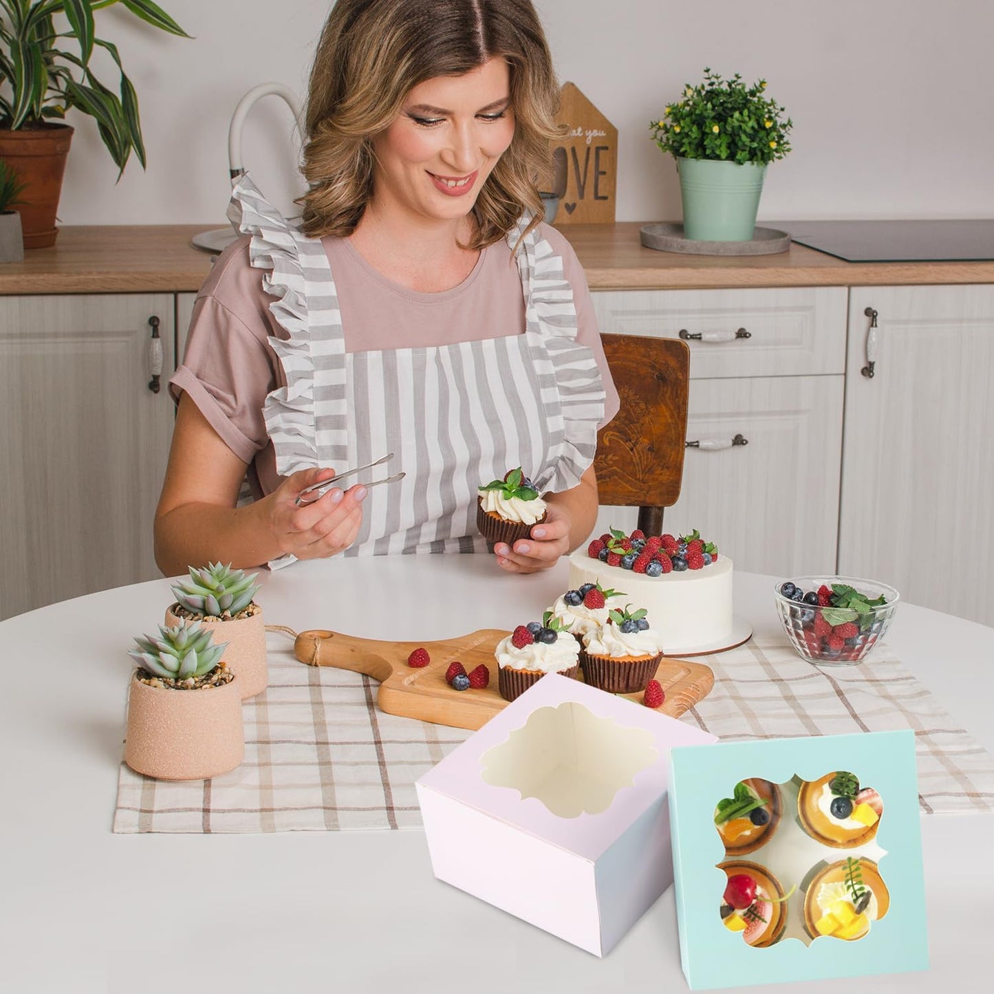 20 PCS 6.5 x 6.5 x 4 inch Paper, Cupcake Boxes with Inserts and Window Hold 4 Cupcakes, Bakery Boxes For Cupcakes Carrier, Cupcake Containers (Blue-4 Holes)