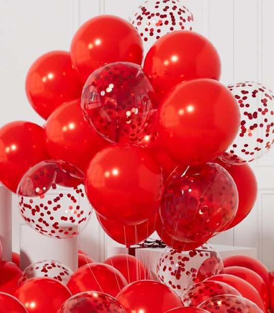 AULE Party Balloons Pack of 42-12in Red Confetti Balloons & Red Latex Balloons and 64ft Ribbons - 12 Inches Balloons Decorations Set