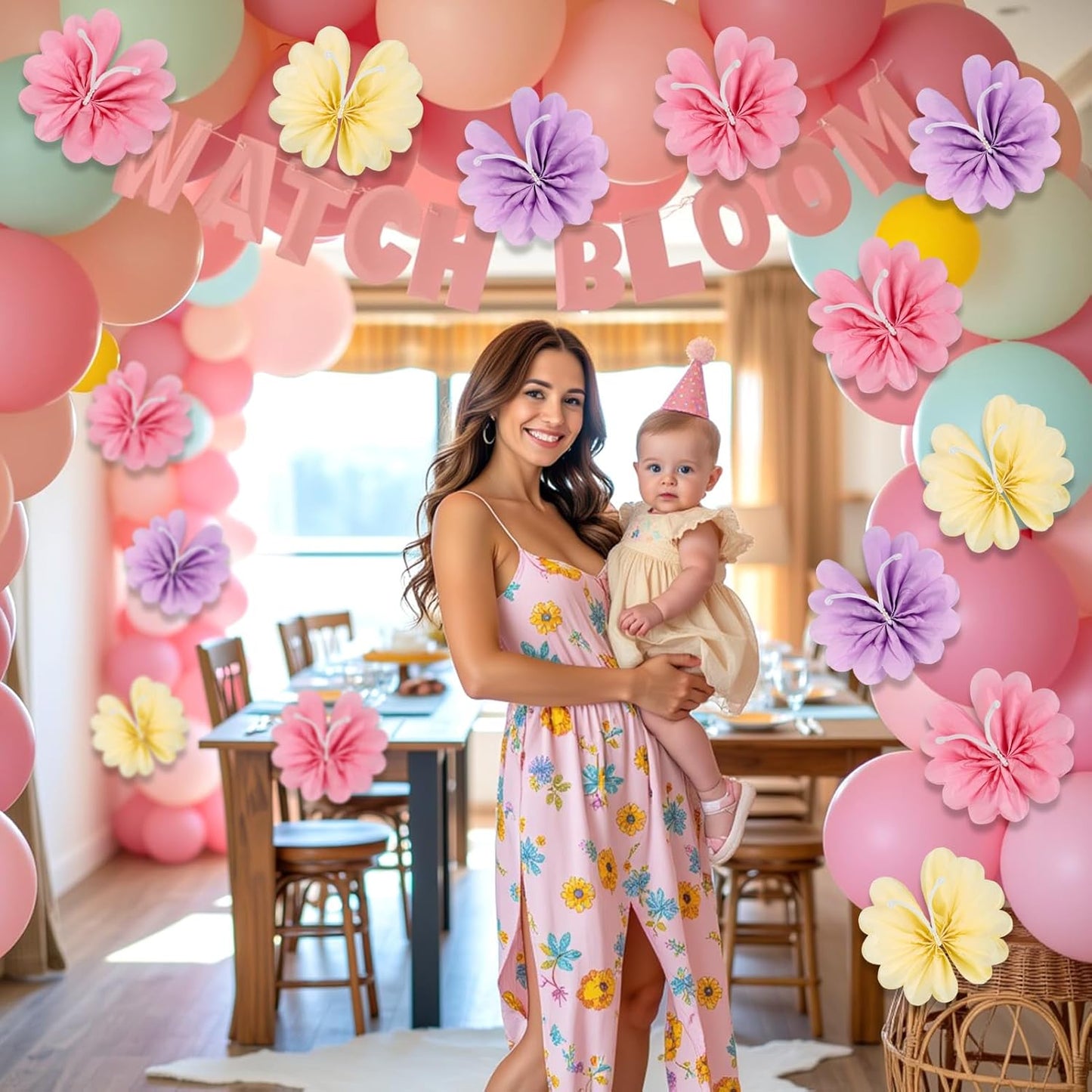 12PCS Butterfly Tissue Paper Pom Poms, 3D Butterfly Birthday Party Decorations, Khaki Pink Purple Butterfly Hanging Decorations for Girls Wedding Baby Shower Decor