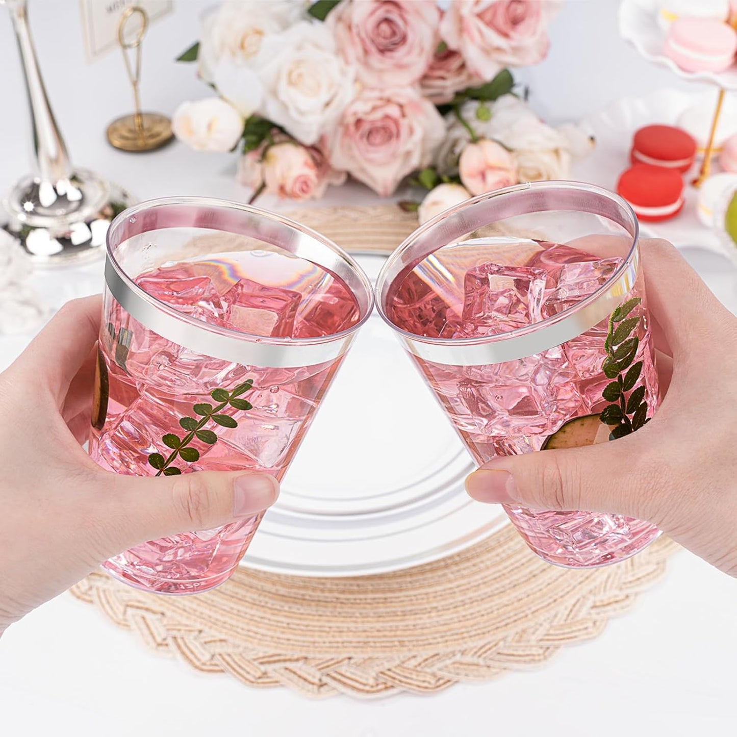 BESTVIP 12oz Silver Plastic Cups, 100 Pack Silver Rimmed Disposable Cups, Heavy-duty Party Cocktail Glasses for Christmas, Thanksgiving, Plastic Cups for Party, Holiday, Wedding and Birthday