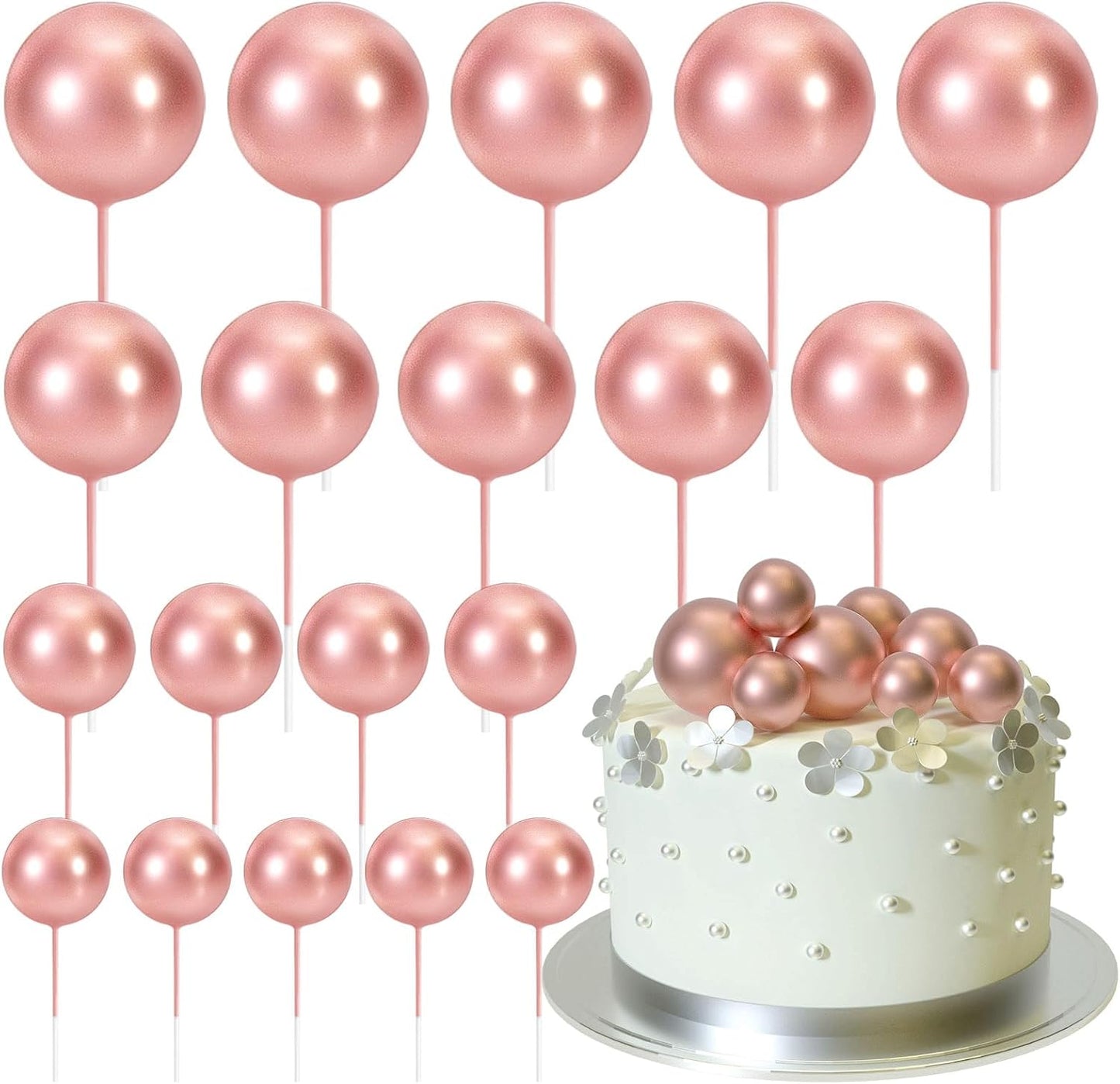 ASTARON 20 Pcs Ball Cake Topper Decorations Mini Balloons Cake Topper Sticks Rose Gold Balls Cake Picks Cake Topper Balls Cake Decorations for Wedding Birthday Cake Decorations