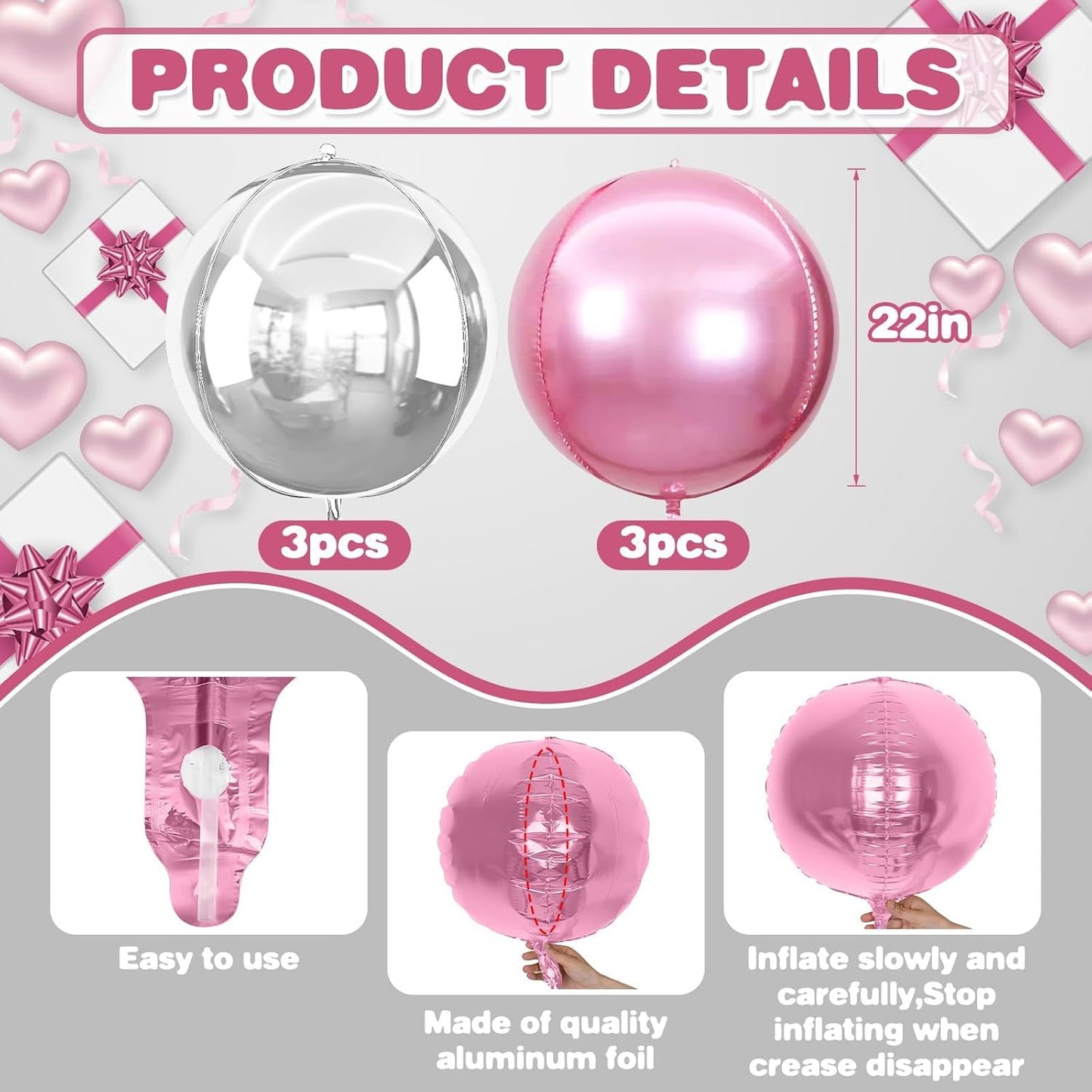 6Pcs Pink Silver Round Foil Balloons,Giant 4D Round Ball Balloon,22 Inch Metallic Pink Silver Balloons for Birthday Wedding Baby Shower Party Decorations