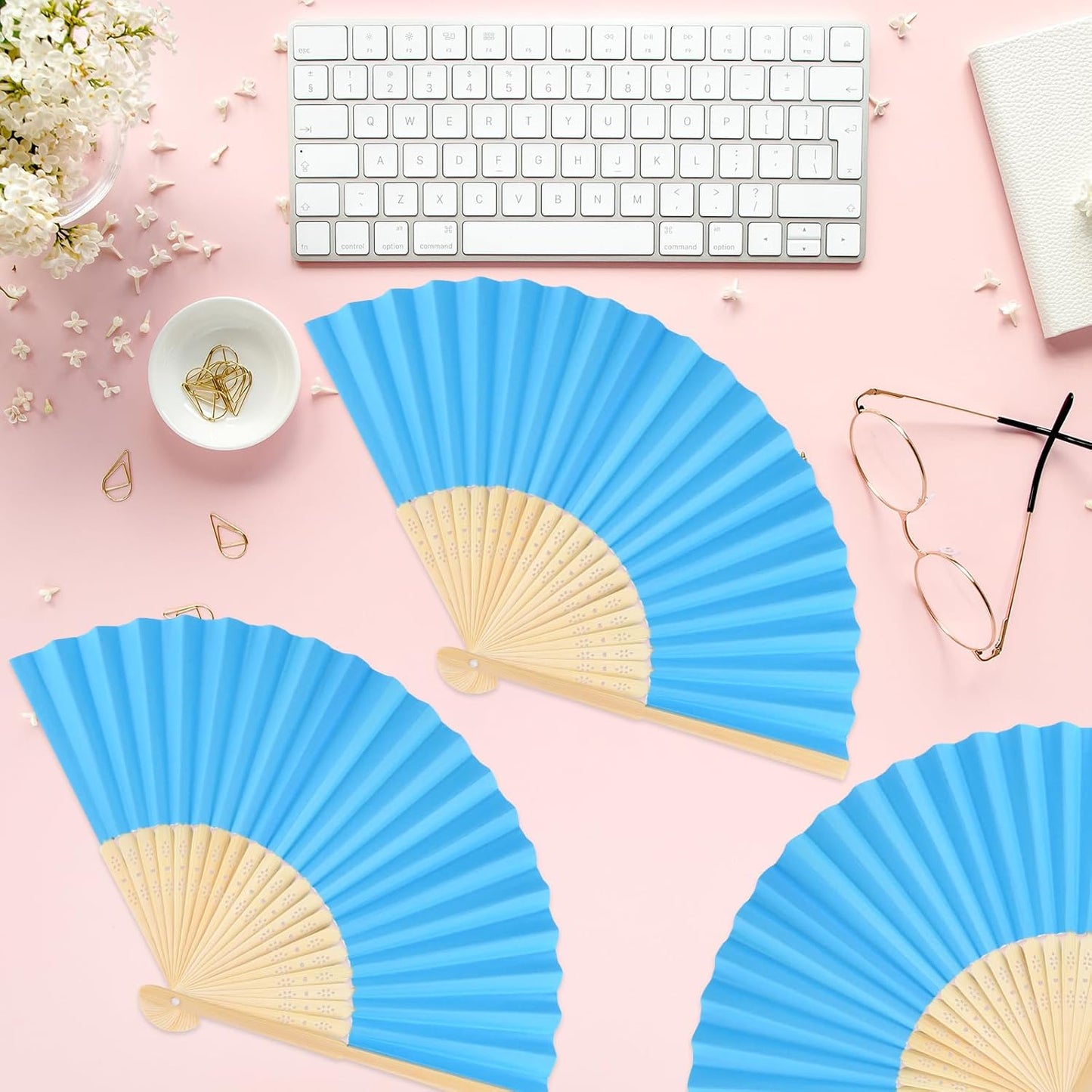 12 Pieces Blue Hand Held Bamboo Folding Fans Paper Fans Handheld for Women Foldable Girls Wedding DIY Decoration Church Home Party Favors Summer