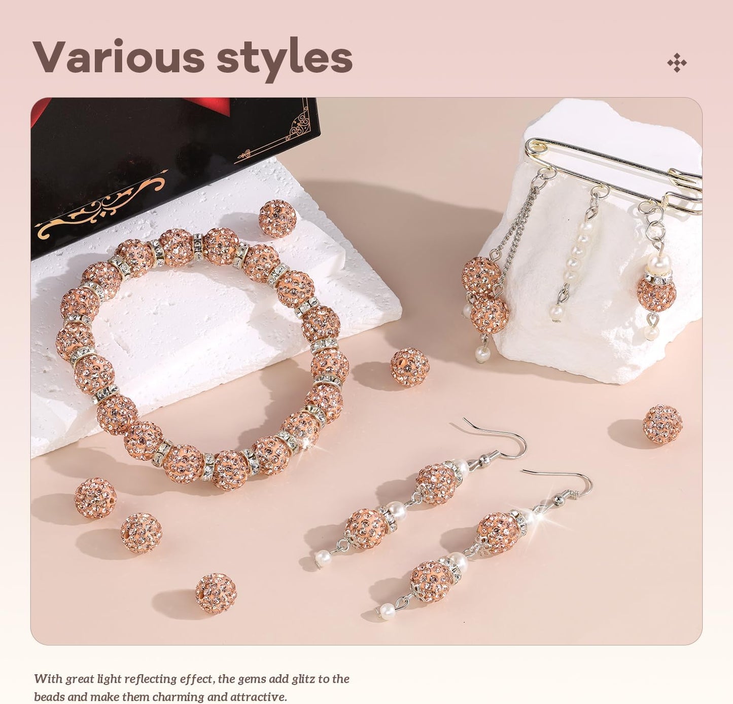 200pcs 10mm Rhinestone Beads for Jewelry Making, Light Peach Shiny Round Disco Ball Beads Bulk, Sparkle Crystal Clay Christmas for Bracelet Baseball Necklace Earring Crafting and DIY