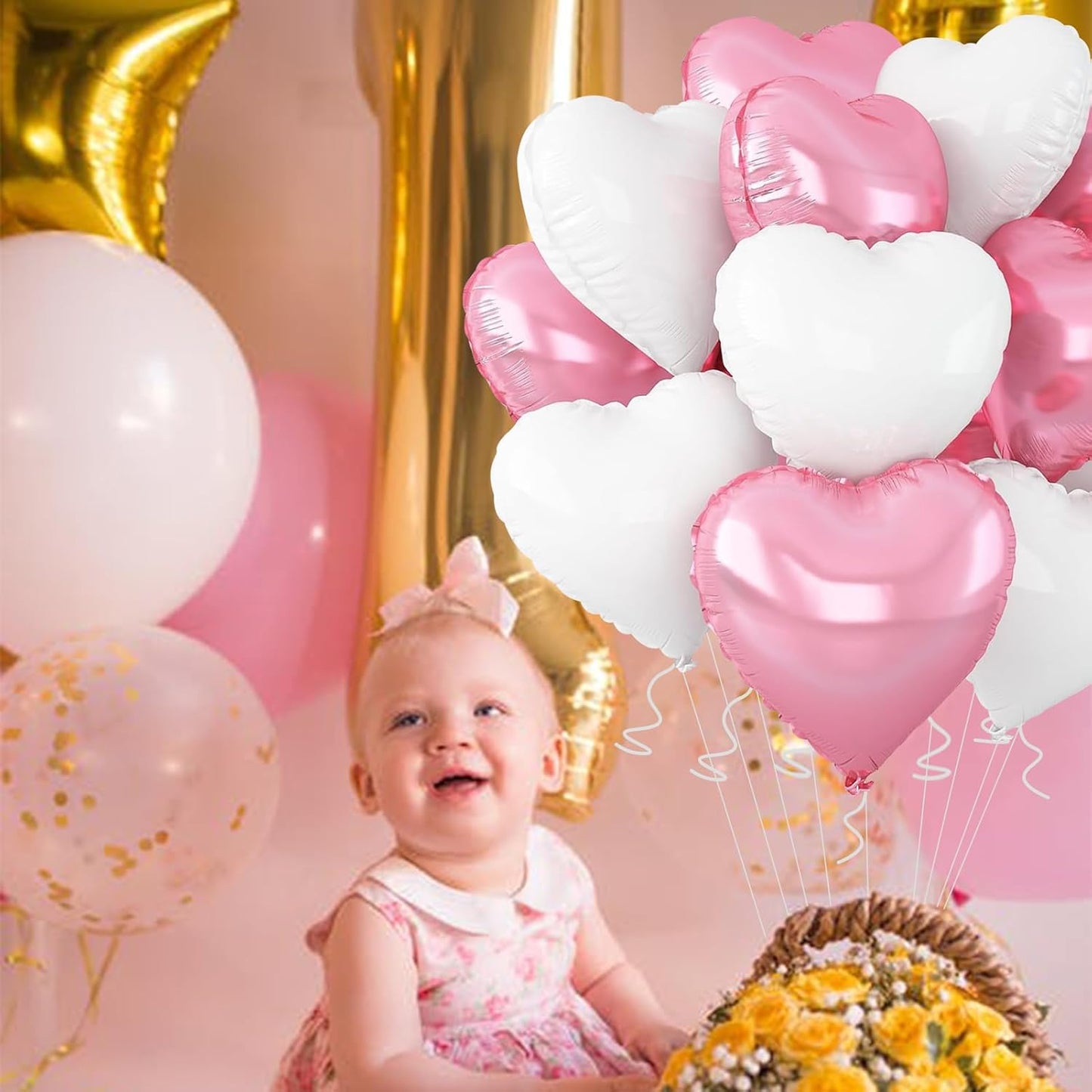 White-Pink Heart Balloons,18inch Bright Pink Heart Shaped Foil Balloons & Snowy White Helium Mylar Balloon for Anniversary Wedding Engagement Birthday Party Baby Shower Decorations