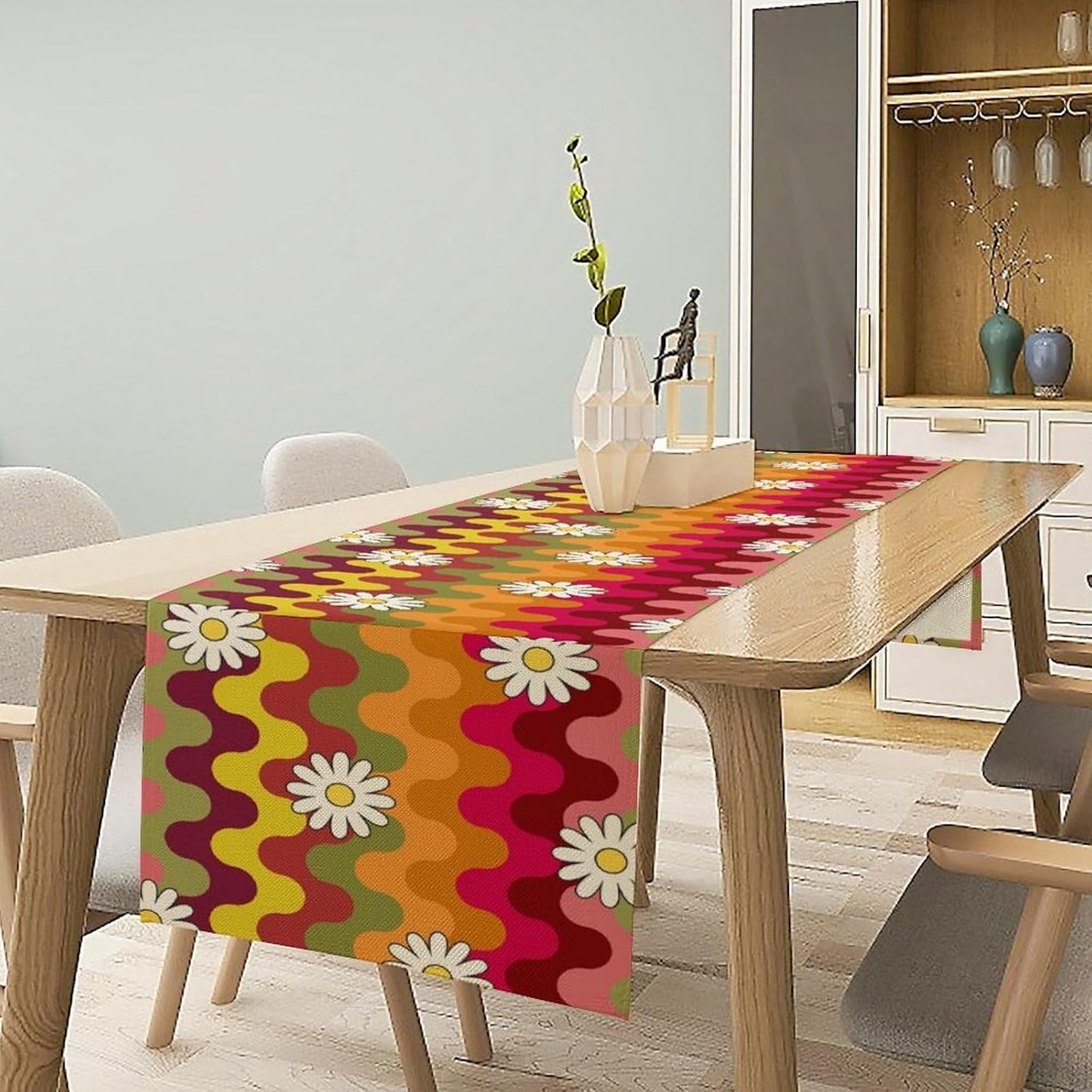 Vintage Floral Table Runner,60s 70s Colorful Retro Abstract Hippie Print Table Runner for Kitchen Dining Table Home Party Decoration 13x90 Inch