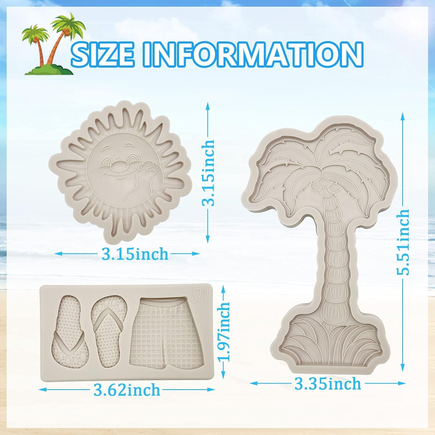 3 Pcs Hawaiian Coconut Tree Fondant Molds, Seaside Beach Sun Silicone Molds, Slipper Surf Shorts Clay Mold for Cake Decorating, Candy Chocolate Marzipan Resin Crafts, Summer Party, Halloween