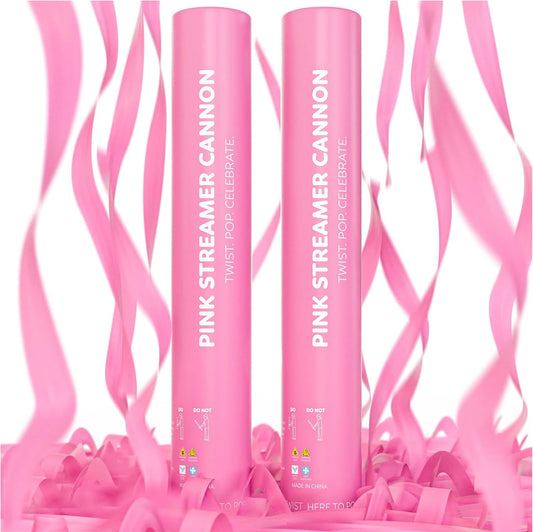 Pink Streamer Cannon Poppers | 2 Pack | Biodegradable Pink Streamers | TUR Party Supplies | Up to 25ft | Giant (12”) | Party Poppers for Graduation, Birthdays, and Bachelorette & Princess Parties