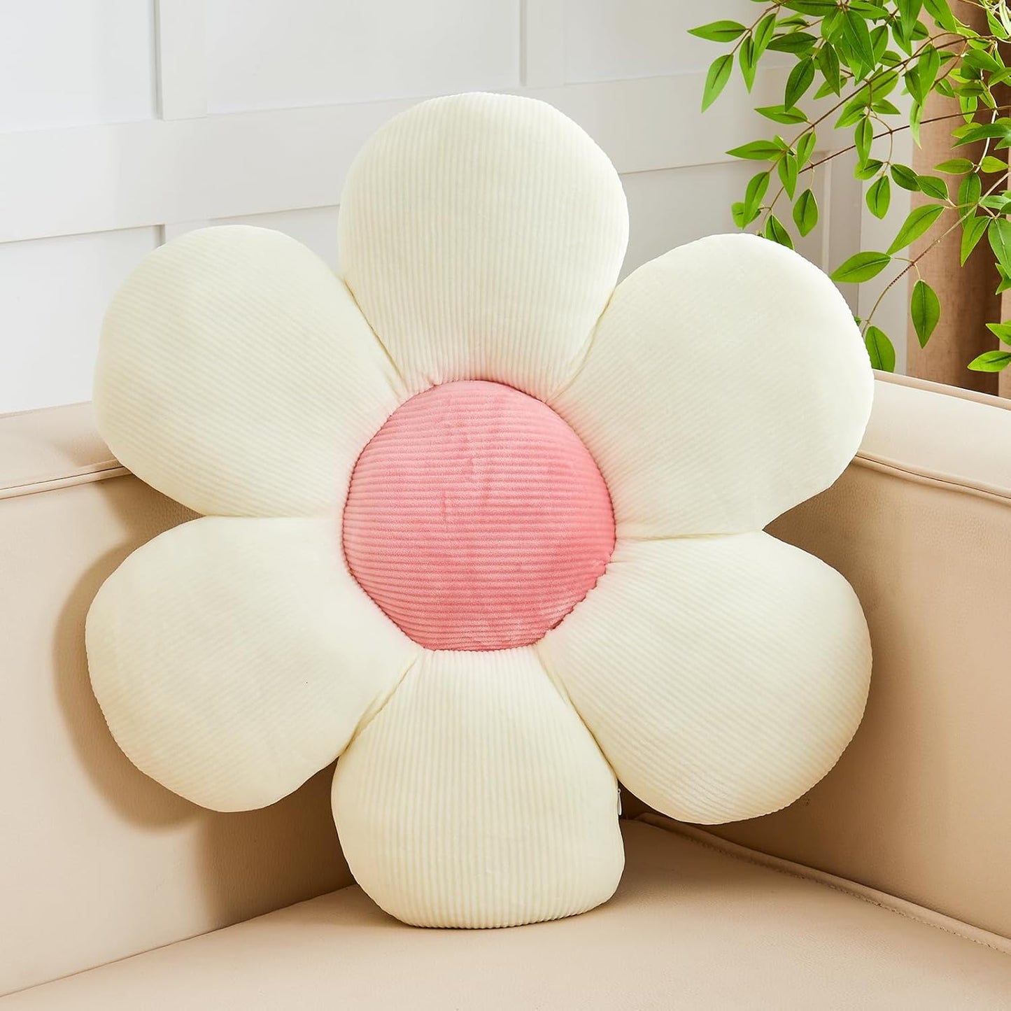 White Pink Flower Pillow, 19.6" Cute Flower Shaped Floor Pillow, Aesthetic Floral Plush Daisy Decorative Throw Pillows for Bed Sofa Couch