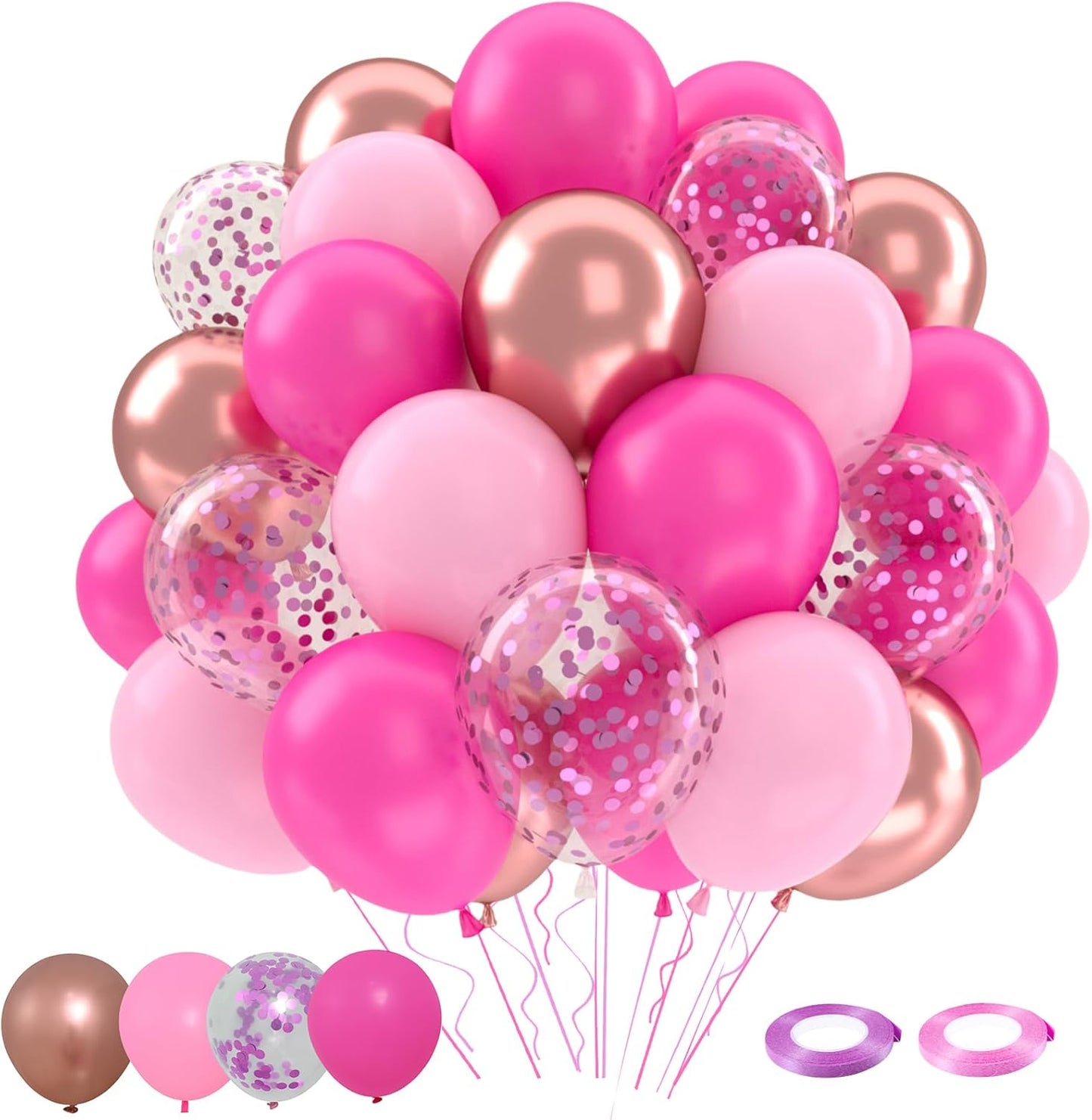 Patimate Hot Pink Balloons Set, 50 pcs 12 inch Metallic Rose Gold Hot Pink Pastel Pink Purple Confetti Latex Balloons Kit for Birthday Baby Shower Wedding Princess Party Decorations