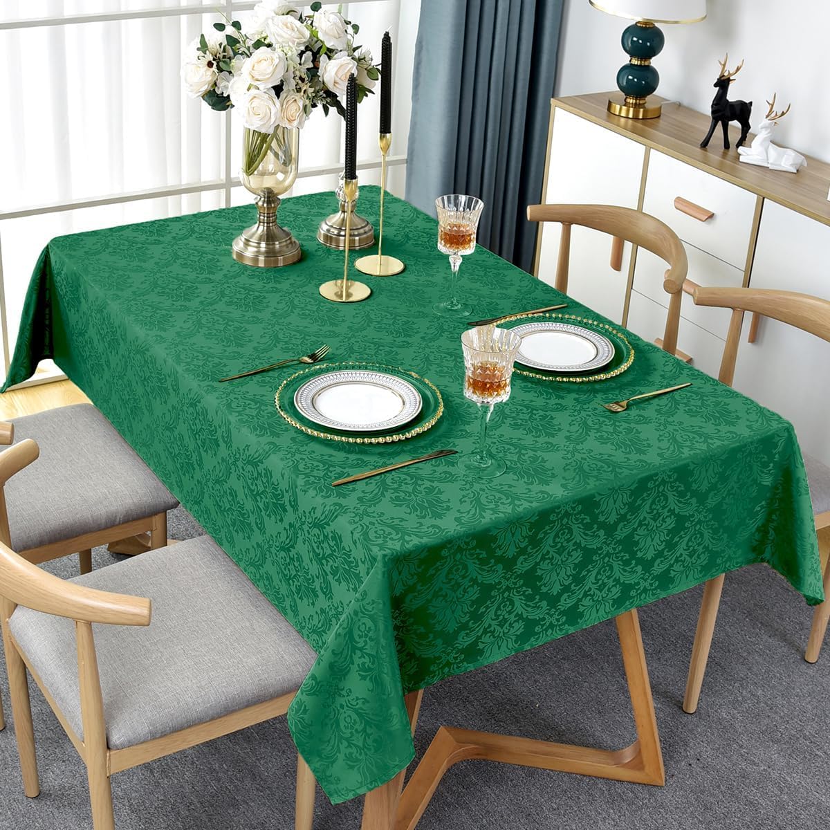 Jacquard Tablecloth Rectangle 52 x 70 Inch, Waterproof Wrinkle Free Damask Table Cloth, Soft Polyester Table Cover for Spring Dining, Easter Party, Banquet, Dinner, Green