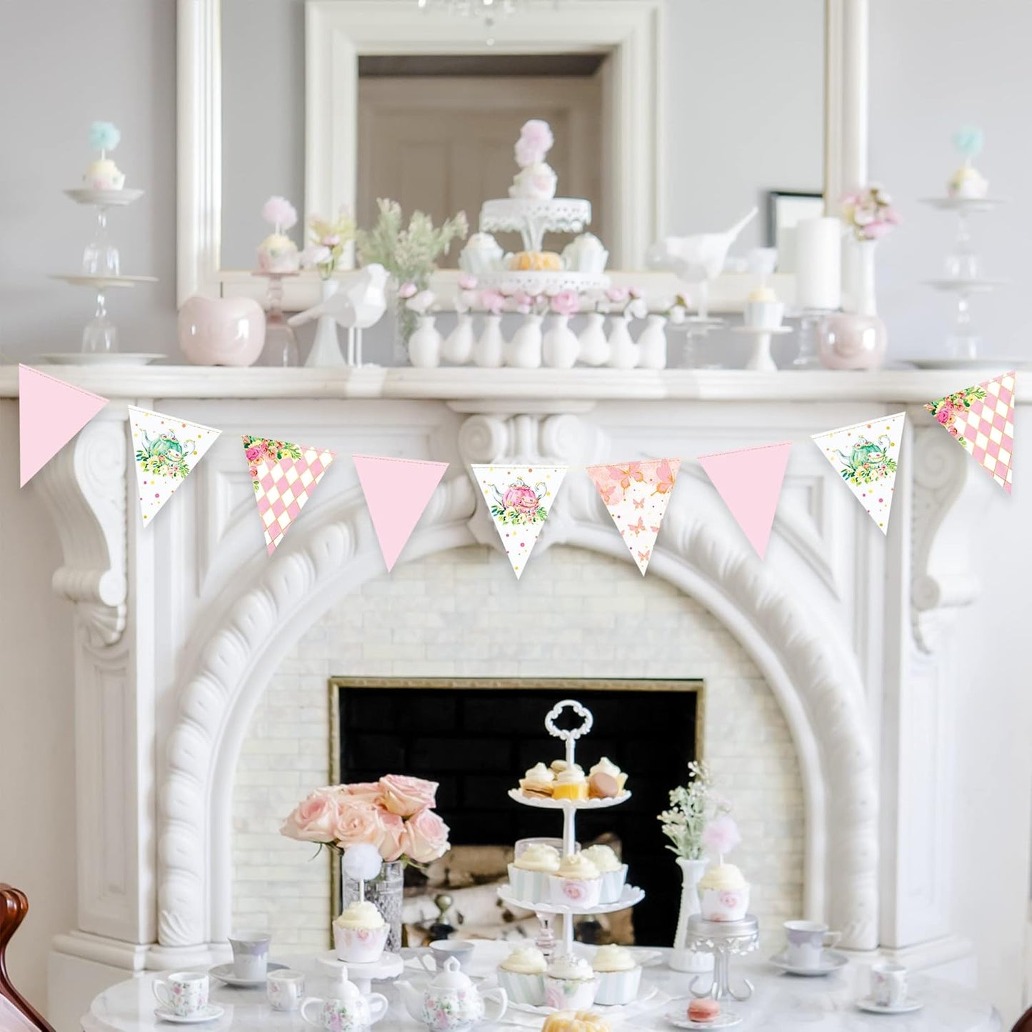 Spring Tea Party Decorations Pink and Gold Floral Flower Butterfly Teapot Teacup Plaid Paper Triangle Flag Pennant Banner Bunting for Spring Birthday Wedding Bridal Baby Shower Engagement Tea Party