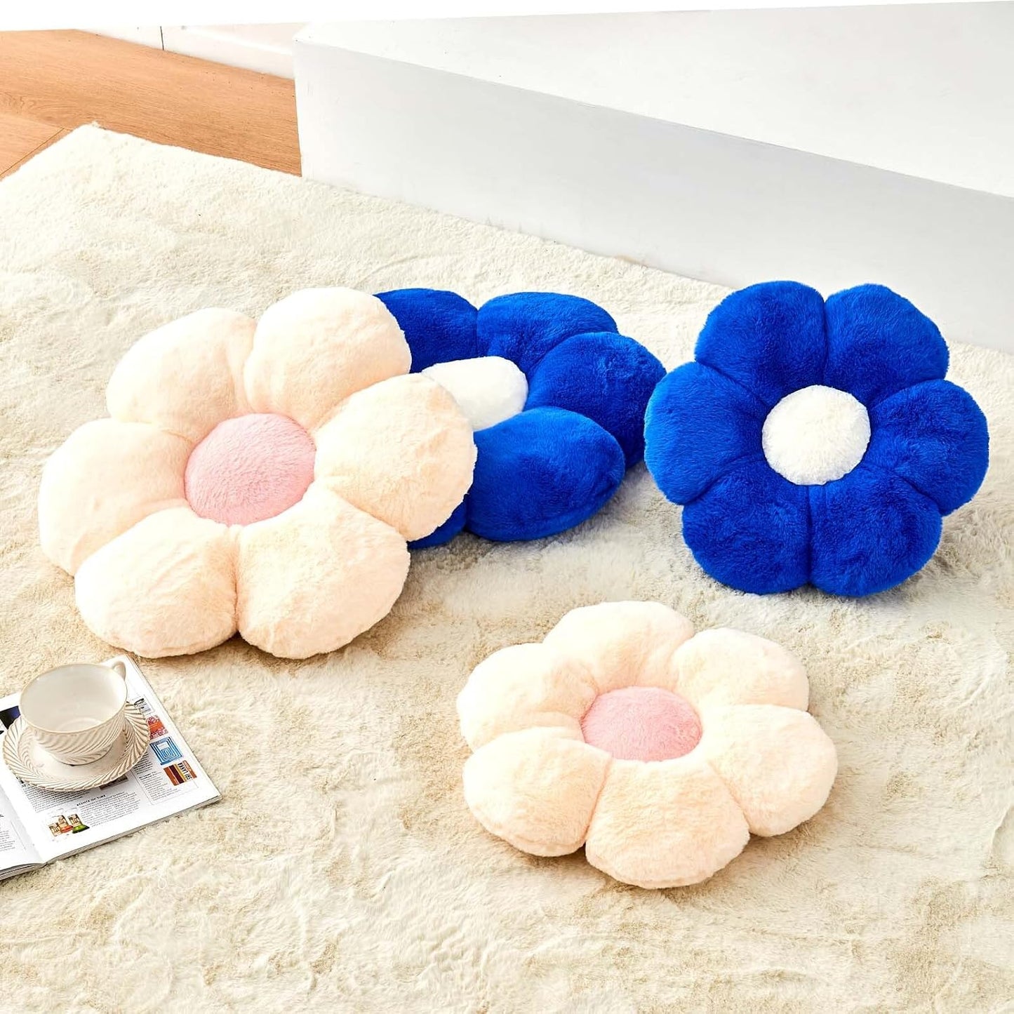 Beige Flower Pillow, Cute Decorative Flower Shaped Throw Pillow with Faux Rabbit Fur, 19.6" Soft Flower Plush Throw Pillow Floor Pillows Room Décor for Bedroom Living Room