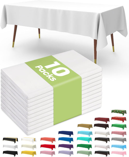 Pureegg Plastic Table Cloth Disposable 10 Pack, 54 x 72 Inch Table Cloths, Party, Picnic, Wedding, Decorative Tablecloths, Rectangle, White Plastic Cover, Leakproof & Sturdy, White