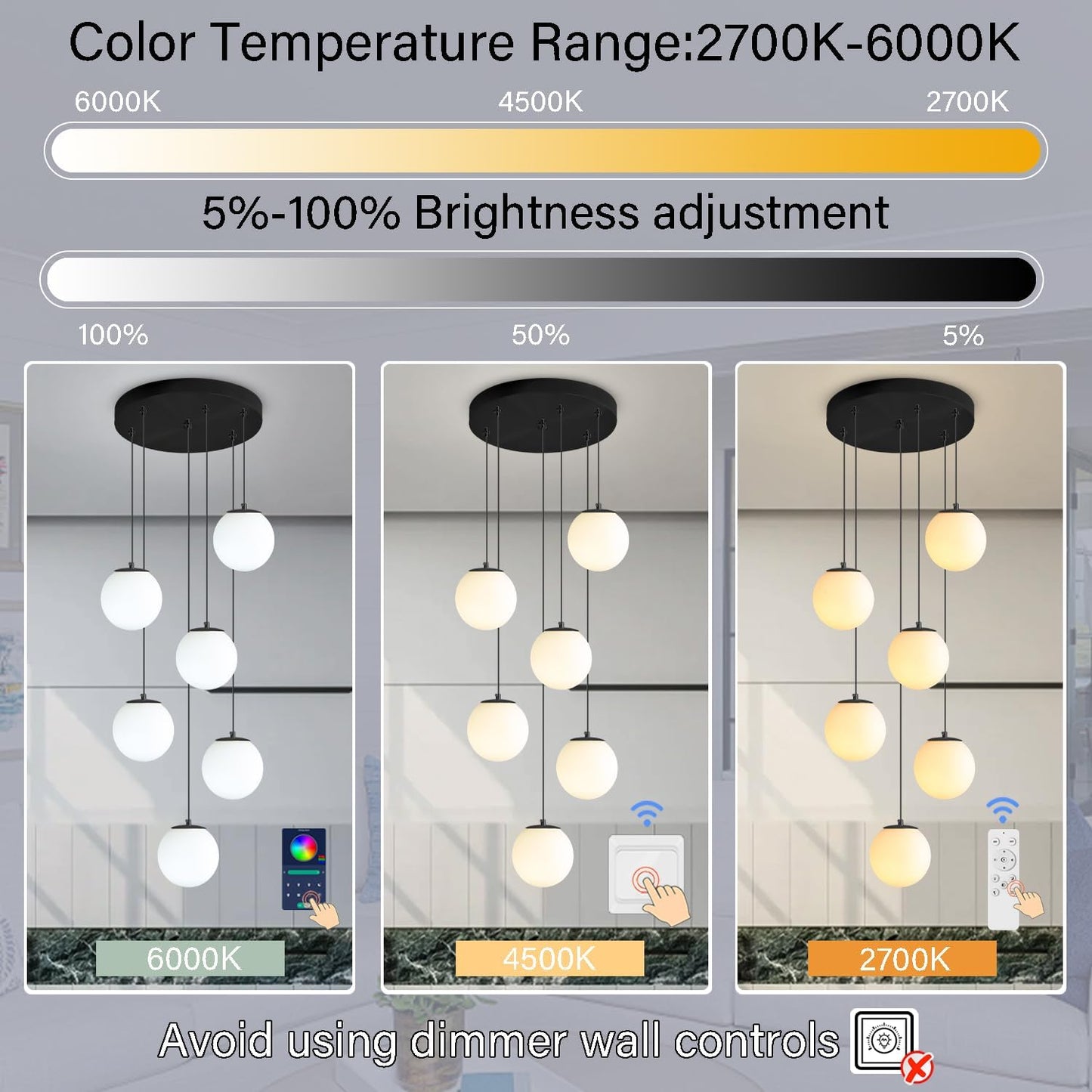 H 87in Globe Pendant Light 6-Lights Modern Hanging Chandelier for Kitchen Island Black Globe Chandelier Milk White Glass Pendant Lighting for Living Room Bedroom Entryway