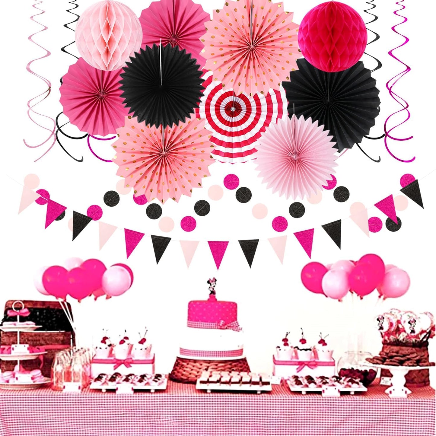 Hot-Pink Black Party-Decorations - 33pcs Baby Girl Women Birthday Banner,Streamers Tassel Garland,Birthday Tissue Pom Poms Honeycomb,Paper Lantern Fans,Wedding Bachelorette Graduation Decor Hugtmr