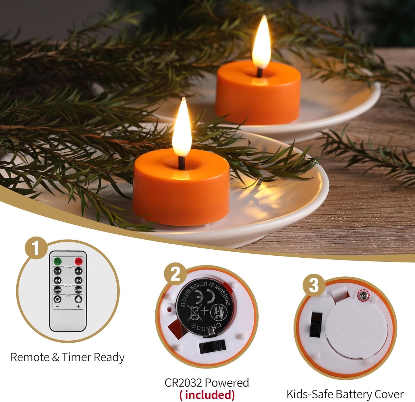 Eywamage Orange LED Tealights with Remote Batteries, Flickering Fall Halloween Flameless Tea Lights Votive Candles Set of 12