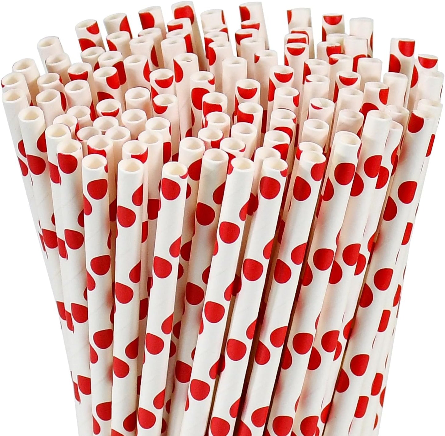 7.75'' x 0.24'' Red Polka Dots Disposable Paper Straws for Drinking, Compostable, 100 Counts - for Cocktail, Soda, Juice, Milk, Water