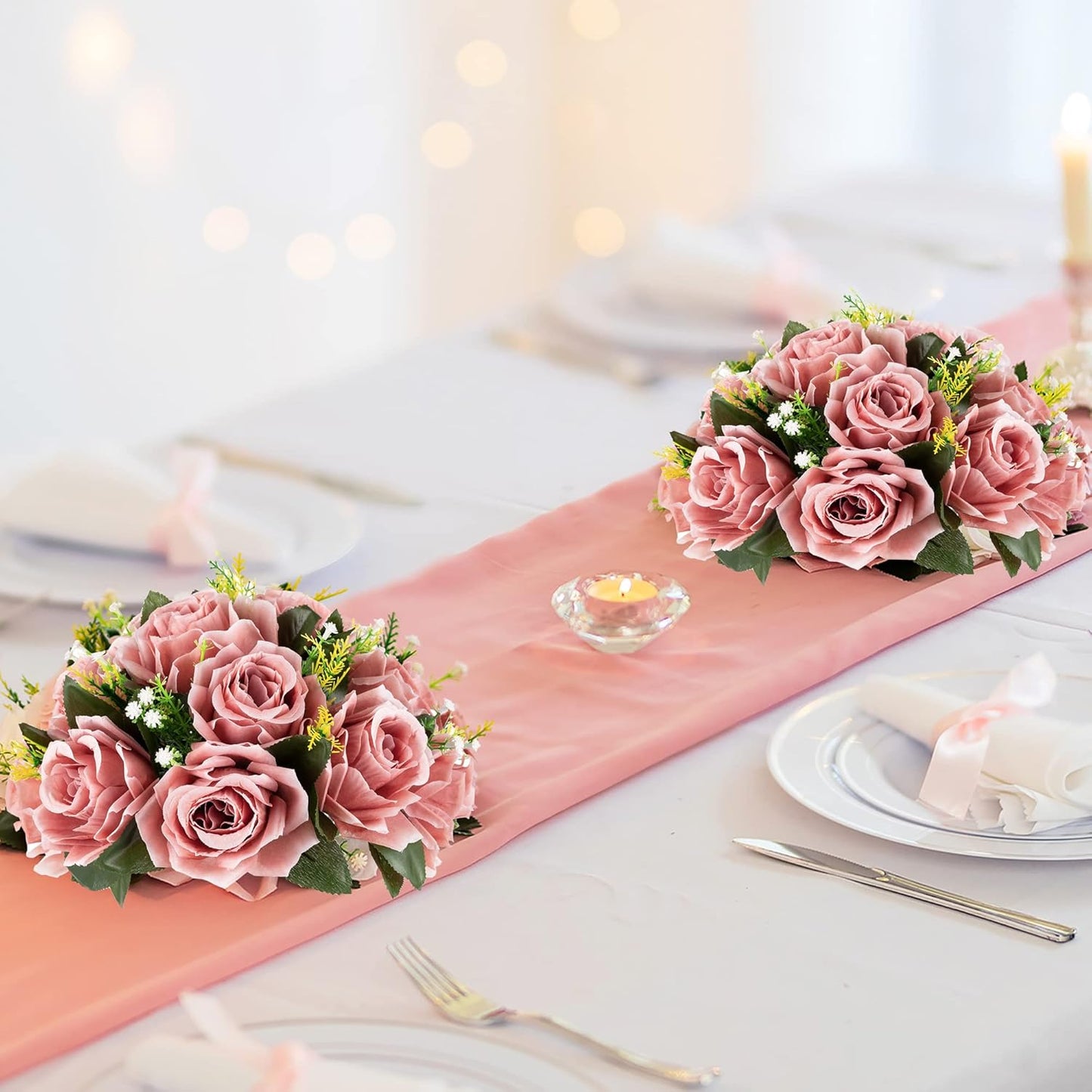 BLOSMON Flower Ball Centerpieces for Wedding: 10 Pcs Dusty Pink Fake Roses Flowers Artificial for Table - Silk Kissing Bouquet Floral Arrangement Center for Home Party Event Decor