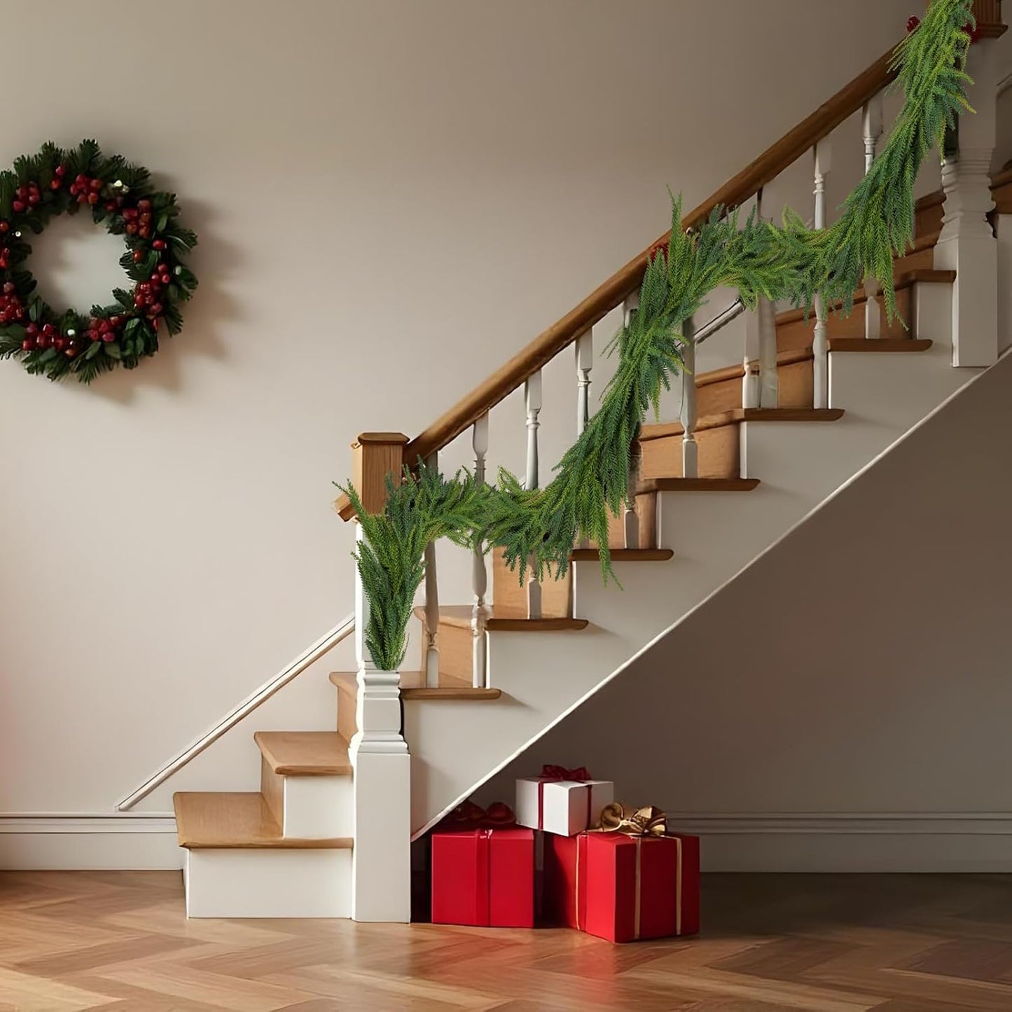 2 Pcs Christmas Decorations Artificial Norfolk Pine Garlands, 6 FT Dense Real Touch Winter Pine Garland Ornament, Green Greenery Garland for Table, Mantle, Wall, Indoor, Outdoor Christmas Decor