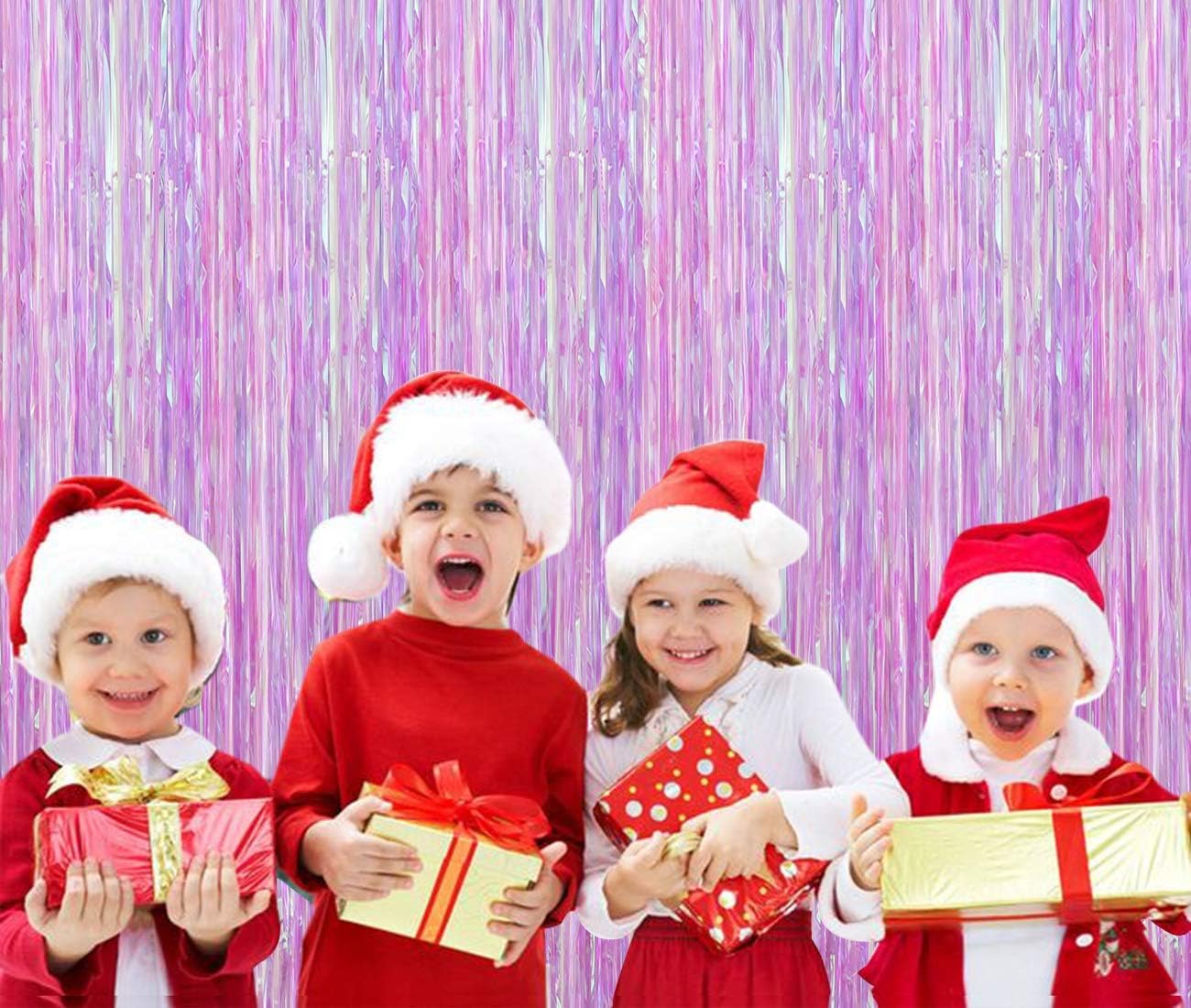 BTSD-home 4 Pack Iridescent Transparent Purple Foil Fringe Curtain, Metallic Photo Booth Tinsel Backdrop Door Curtains for Wedding Birthday Baby Shower Bachelorette Party Decorations(8ft x 3ft)