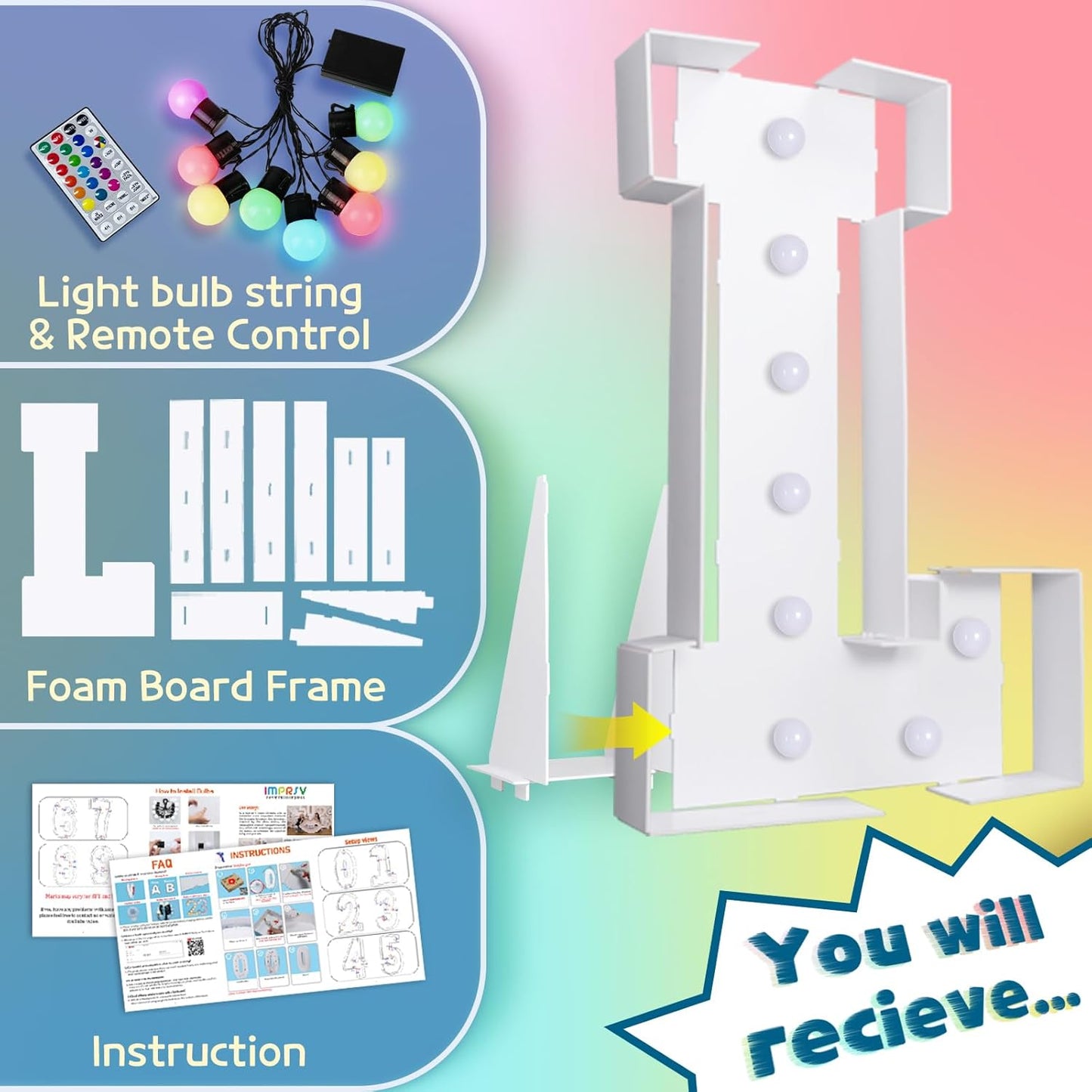 imprsv 3FT Colorful Marquee Light Up Letters L, 18 Colors Large Light up Letters Alphabet Sign with Remote, Big Marry Me Sign, Birthday Party Decorations Baby Shower Anniversary Wedding Decoration