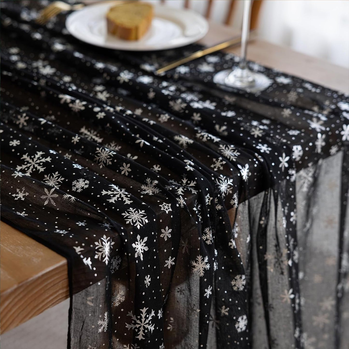 Silvery Snowflake Metallic Print Tulle Christmas Table Runner, Seasonal Winter Kitchen Dining Table Decoration for Home Party Decor 35x120 Inch (Black)