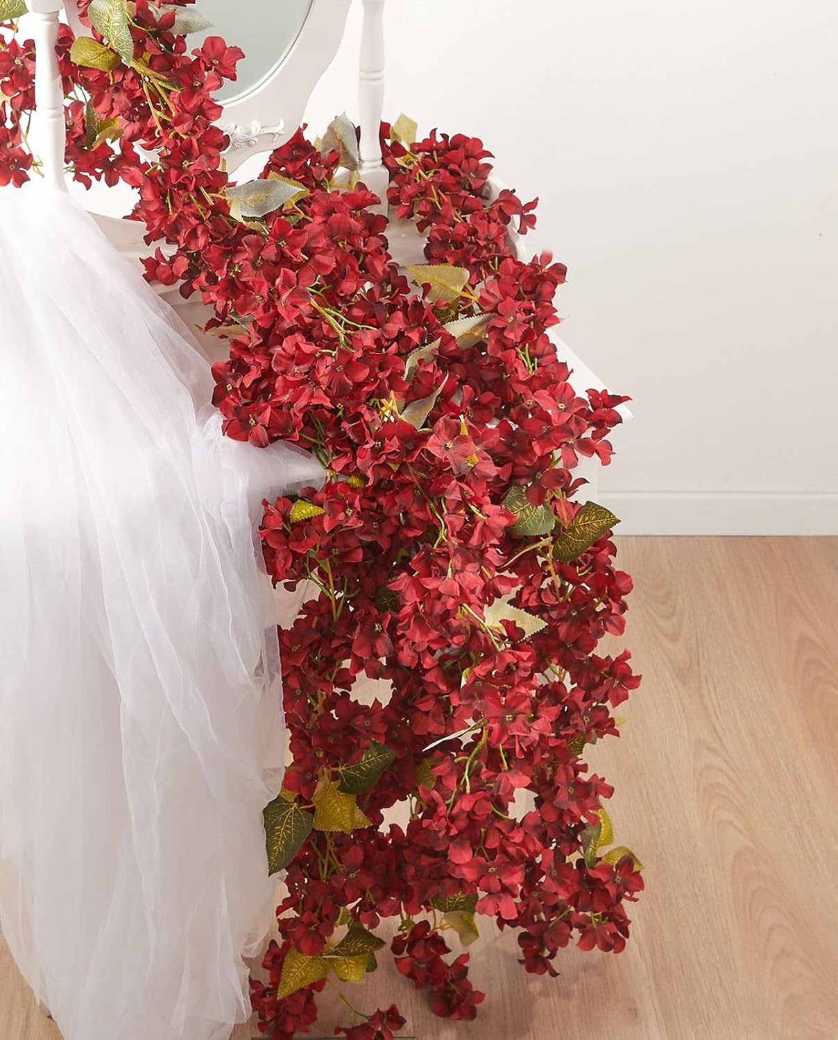 Flower Garland, Artificial Hydrangea Vine Flowers, Hanging Fake Hydrangeas Vine for Room Anniversary Wedding Birthday Christmas Wall Arch Decor, 2 Pcs, Floral Garland, Red Flower