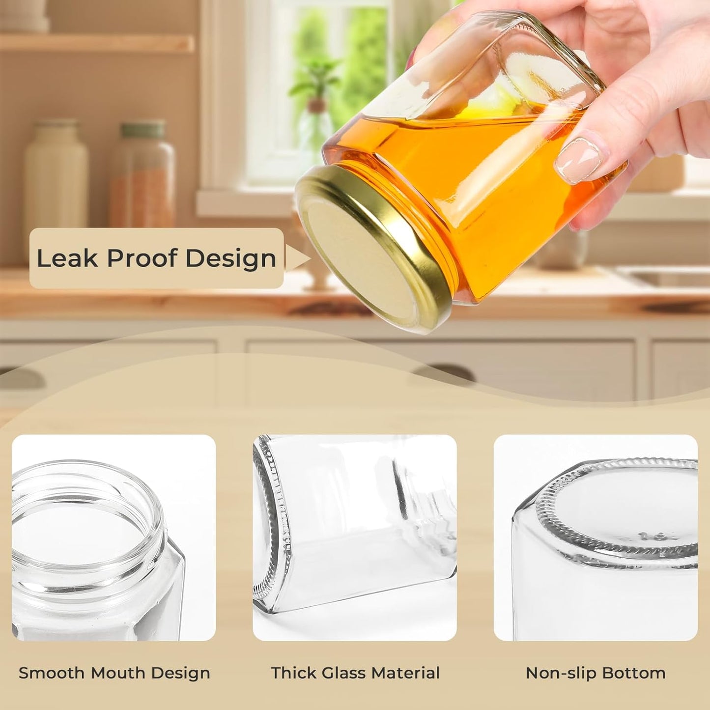 6 oz Hexagon Glass Jars with Gold Lids, 30 Pcs Canning Jars for Jam, Honey, Jelly, Candy, Candle, Wedding Favors, Baby Shower Favors, Spice Jars Crafts with Stickers and Pen for Labeling