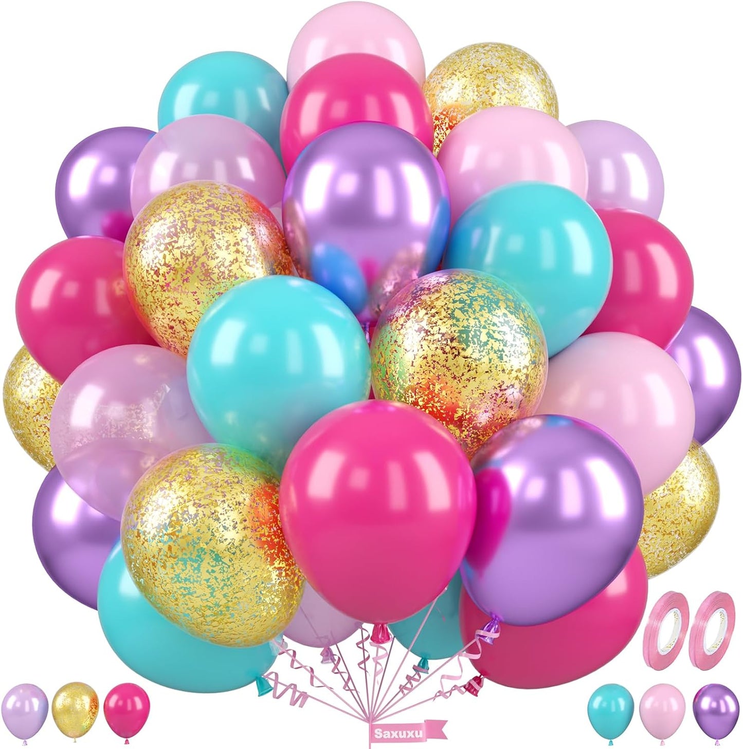 Teal Pink Purple Balloons, 12 Inch Princess Balloons, Pastel Pink Teal Purple Metallic Gold Confetti Balloon Latex Balloon for Girl Baby Shower Gender Reveal Princess Birthday Party Decoration