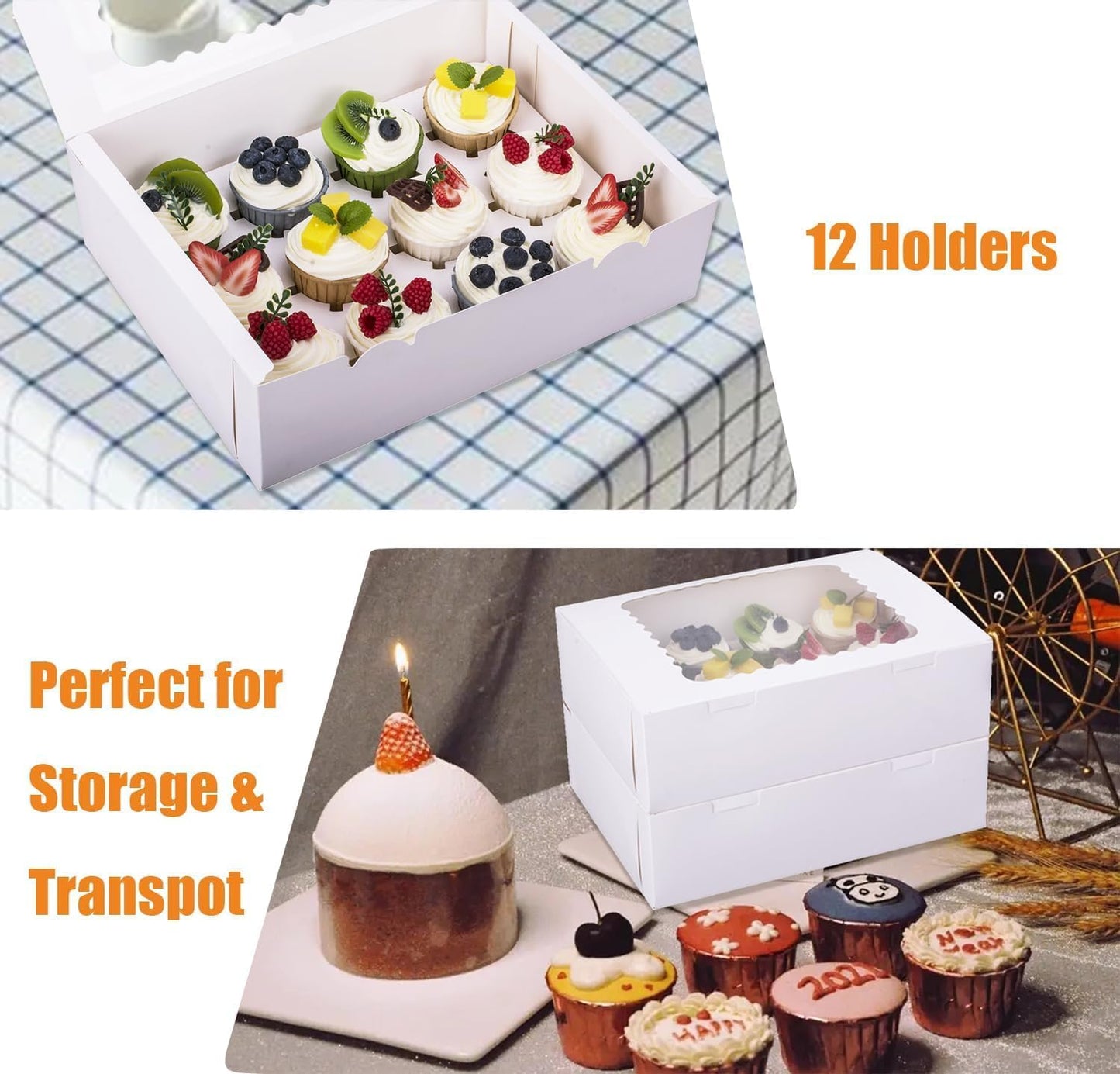 2-Set Cupcake Boxes Hold 12 Standard Cupcakes, Food Grade Cupcake Holders Bakery Carrier Boxes with Windows and Inserts for Cupcakes, Muffins and Pastries (White-2 Pack)