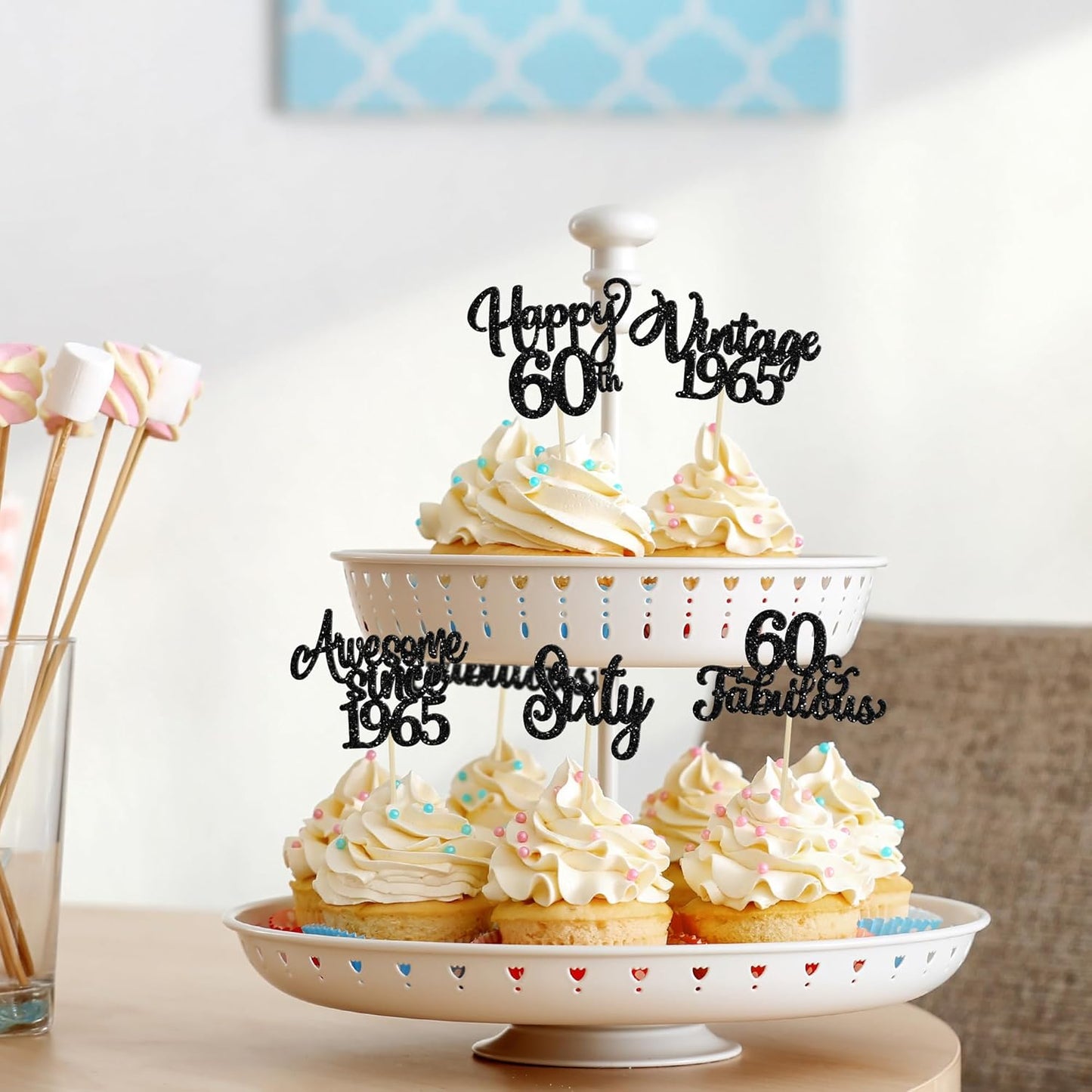 30Pcs Happy 60th Birthday Cupcake Toppers Glitter Sixty Vintage 1965 Cupcake Picks Cheers to 60 Fabulous Cake Decorations for 60th Birthday Wedding Anniversary Party Supplies Black