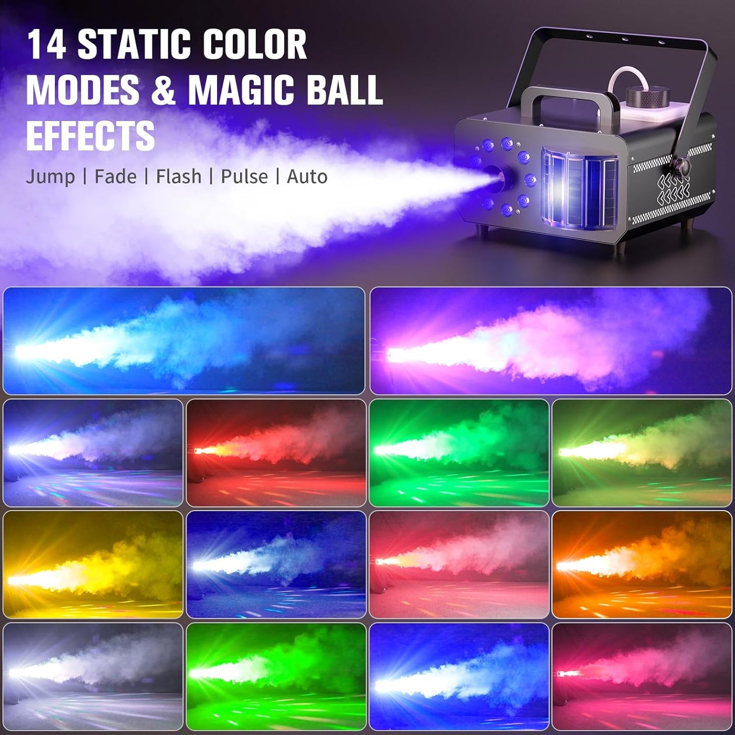 Fog Machine with RGBW LED Lights, 1200W Professional Smoke Machine, 1L Tank, 3000CFM Output, 14 Colors for DJ Party Stage Wedding Halloween 4PACK