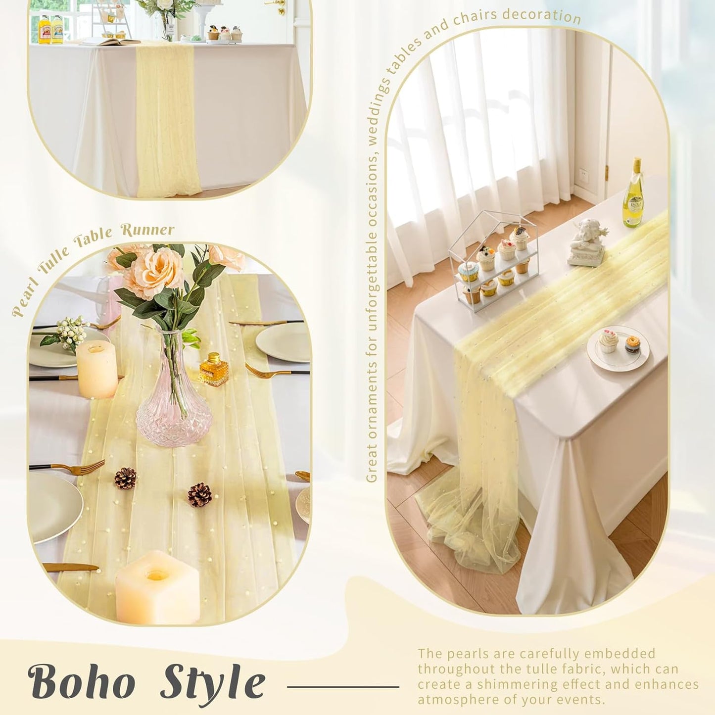 Pearl Table Runner 29 x 120 Inch Tulle Fabric Lace Table Runners Boho Rustic Tablecloth for Bridal Shower Birthday Party Wedding Arch Aisle Veil Dessert Table Decor(1 Pack, Ivory)