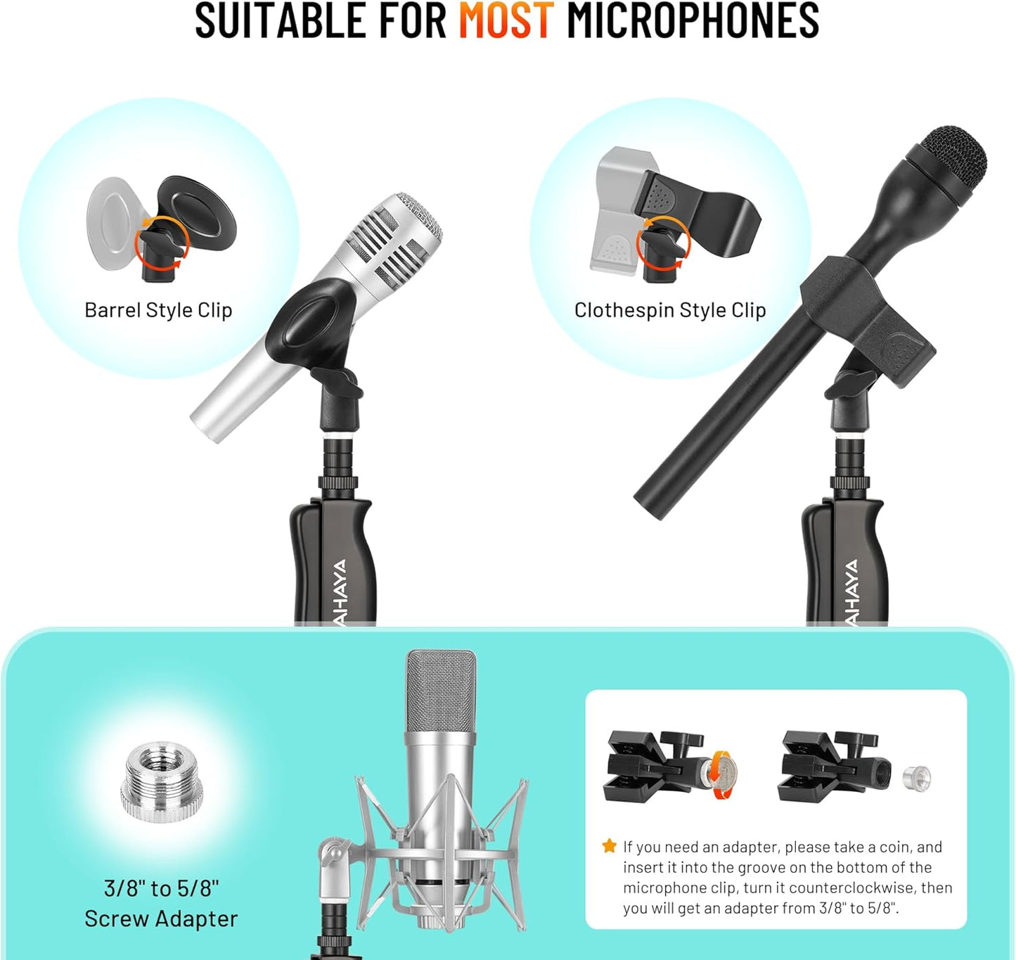 CAHAYA Microphone Stand Floor Universal - Metal Mic Stand with Weighted Round Heavy Base Mic Stands Adjustable Height with Phone Holder Mic Floor Stand with 2 Mic Clips and 3/8'' to 5/8'' Adapter
