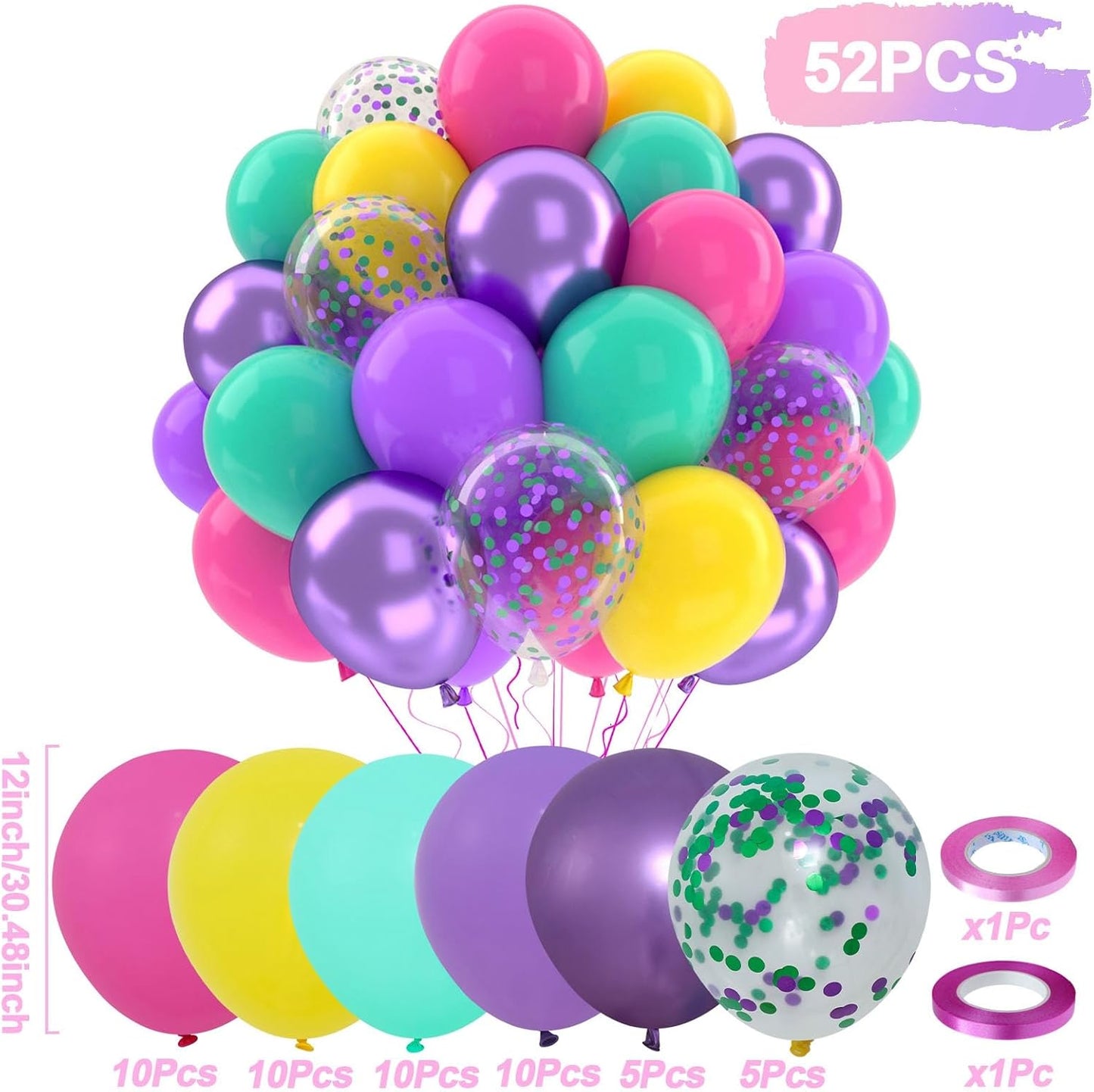 Patimate Birthday Balloons Set, 50 pcs 12 inch Hot Pink Metallic Purple Yellow Teal Confetti Latex Balloons Kit for Kid's Birthday Baby Shower Magic Theme Party Decorations