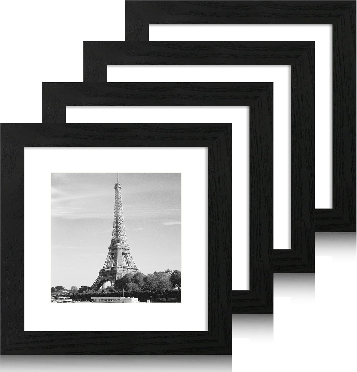 8x8 Picture Frames Set of 4 with High Definition Real Glass, Black Frames Display 6x6 Picture with Mat or 8x8 Without Mat, Wood Square 8 x 8 Photo Frame for Wall Mount and Tabletop Display