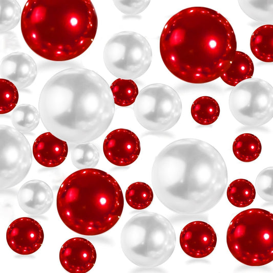 300Pcs Red&White Polished No Hole Pearl Beads Vase Filler, Christmas Vase Filling Decorations, Plastic Pearls, Table Scatters, Wedding Home Decor, 8/14/20 mm