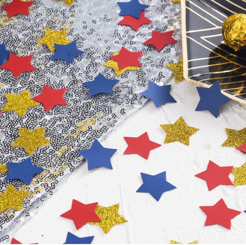 MOWO Gold Blue and Red Star Confetti Table Decoration for 4th July Graduation Retirement Theme Party,1.2 inch in Diameter,200 Counts