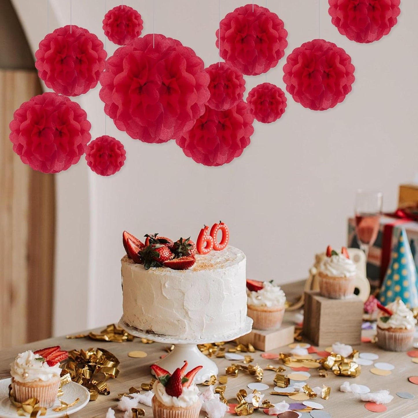 Tissue Paper Pom Poms, Red Tissue Paper Flowers, Hanging Flower Balls for Weddings Fiesta Parties Birthday Baby Showers Classroom Bridal Shower Decoration (20Piece Set-6/10/12/14Inch)