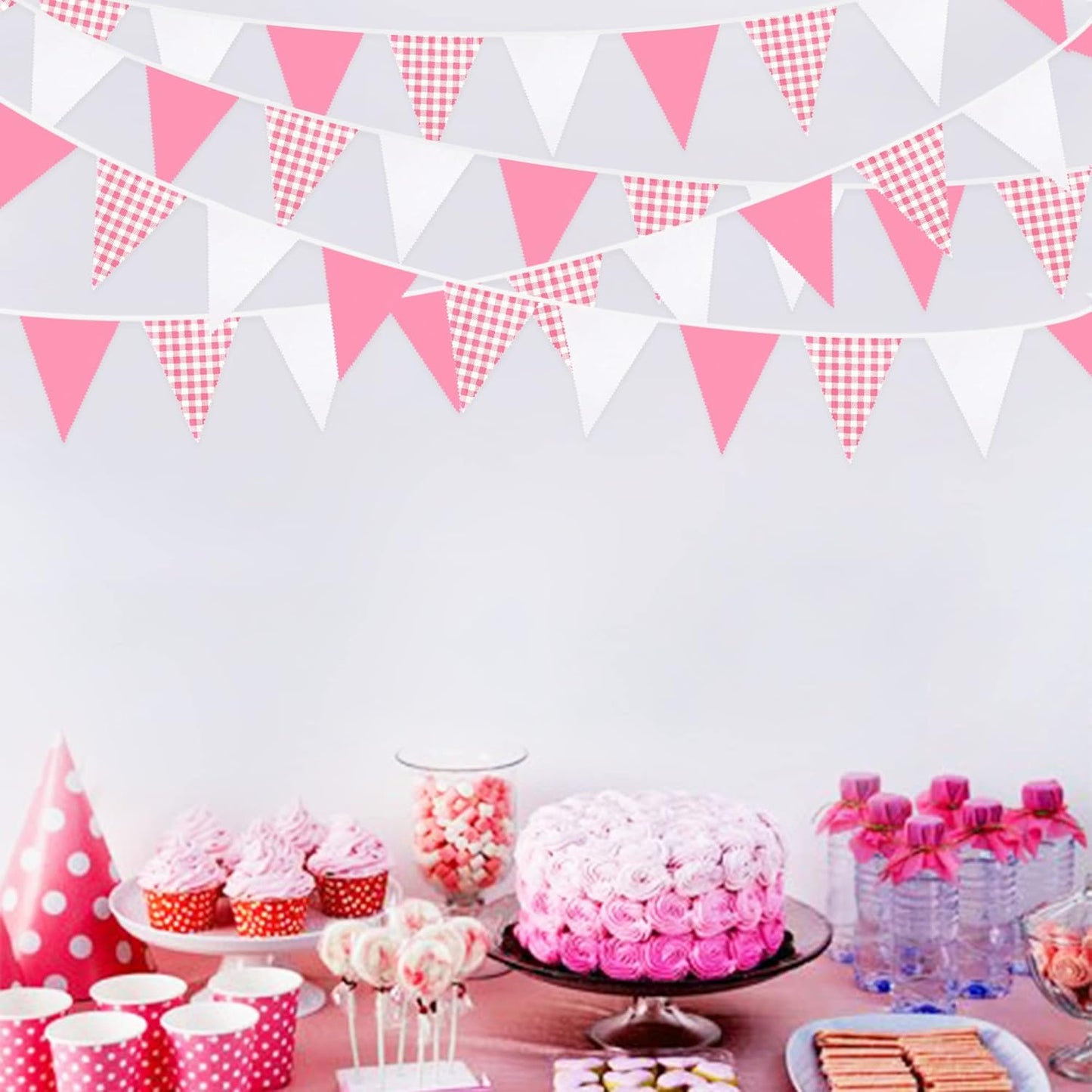 32Ft Hot Pink Plaid Checkered Pennant Banner Fabric Gingham Triangle Flag Bunting Garland Streamers for Wedding Birthday Baby Shower Party Home Nursery Outdoor Garden Hanging Festivals Decoration